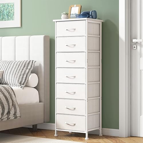 Fixwal Tall Narrow White Dresser for Bedroom, Storage Dresser Organizer with 7 Fabric Drawers, Nightstand Furniture in Closet, Entryway, Hallway