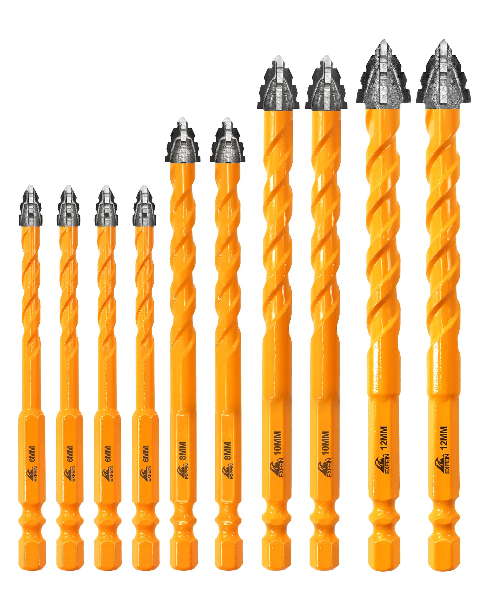EXFEIN 10pcs Serrated Tungsten Carbide Drill Bits (6/6/8/10/12mm) x2 - Upgrated Masonry Drill Bits for Tile Concrete Brick Marble Wood Plastic