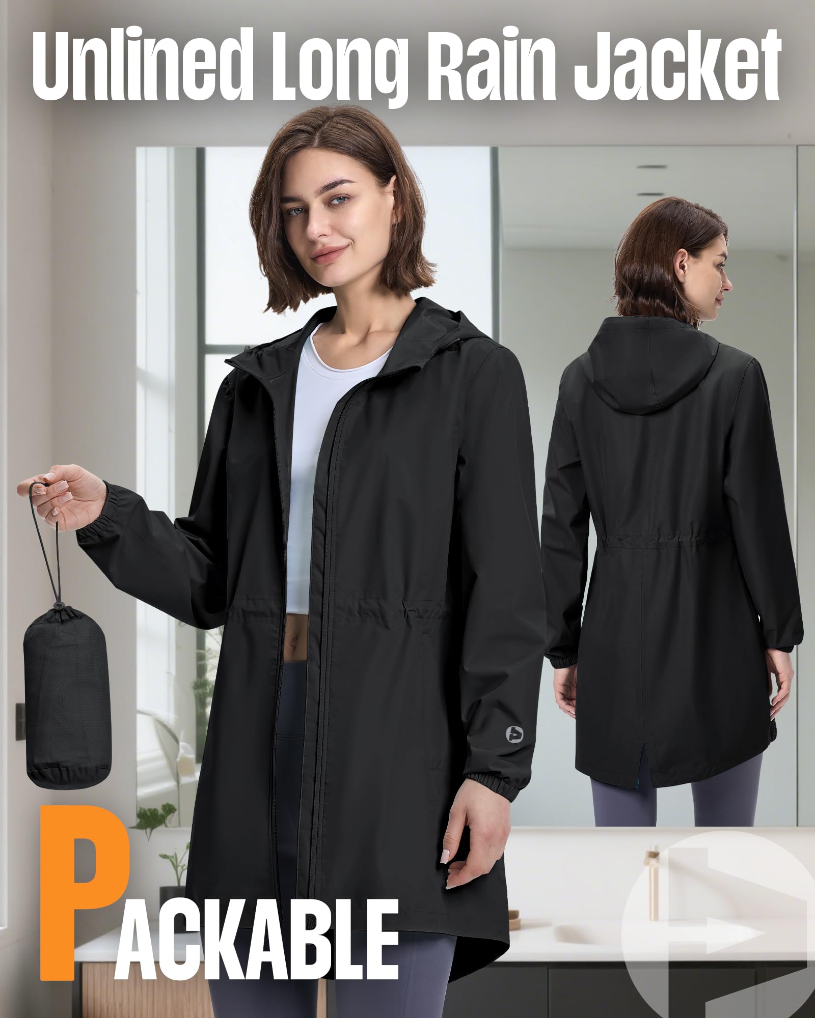 Outdoor Ventures Damska wodoodporna kurtka przeciwdeszczowa, długa, wiatrówka, kurtka przejściowa, lekka, oddychająca, kurtka outdoorowa, Raincoat parka przeciwdeszczowa z kapturem