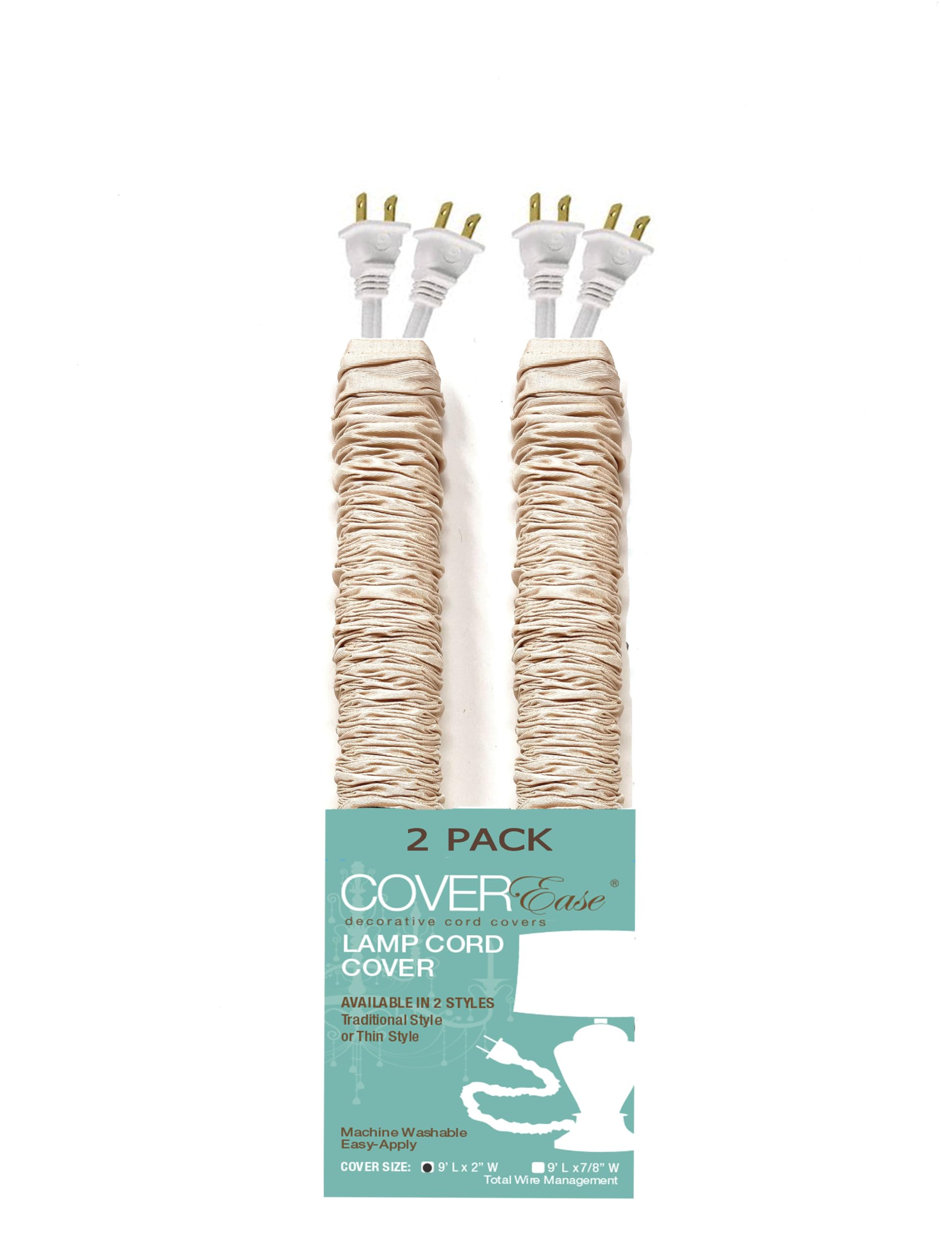 COVEREase Tan/Straw Faux Silk Fabric Lamp Cord Cover - Cable Sleeve, Wire Cover, Cord Hider for Cable Management (2 Pack, 9 ft, 2 in, 2 Strands)