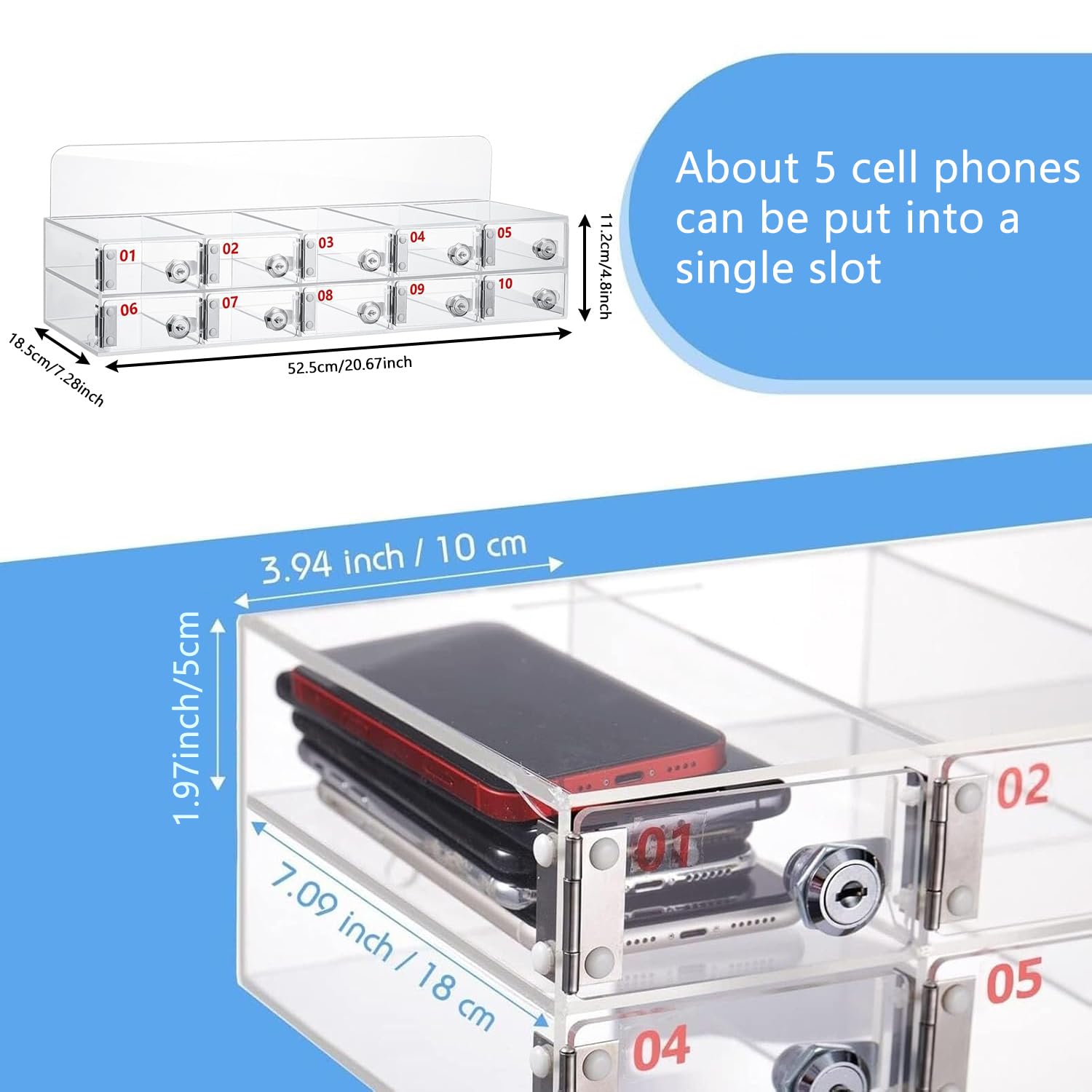Taquilla para Guardar Móviles, 10 Compartimentos Acrílico Caja Almacenamiento Personal, Caja Móviles con Cerradura Llave, Armario de Pared con Ranura Tarjetas, para Aulas y la Fábrica