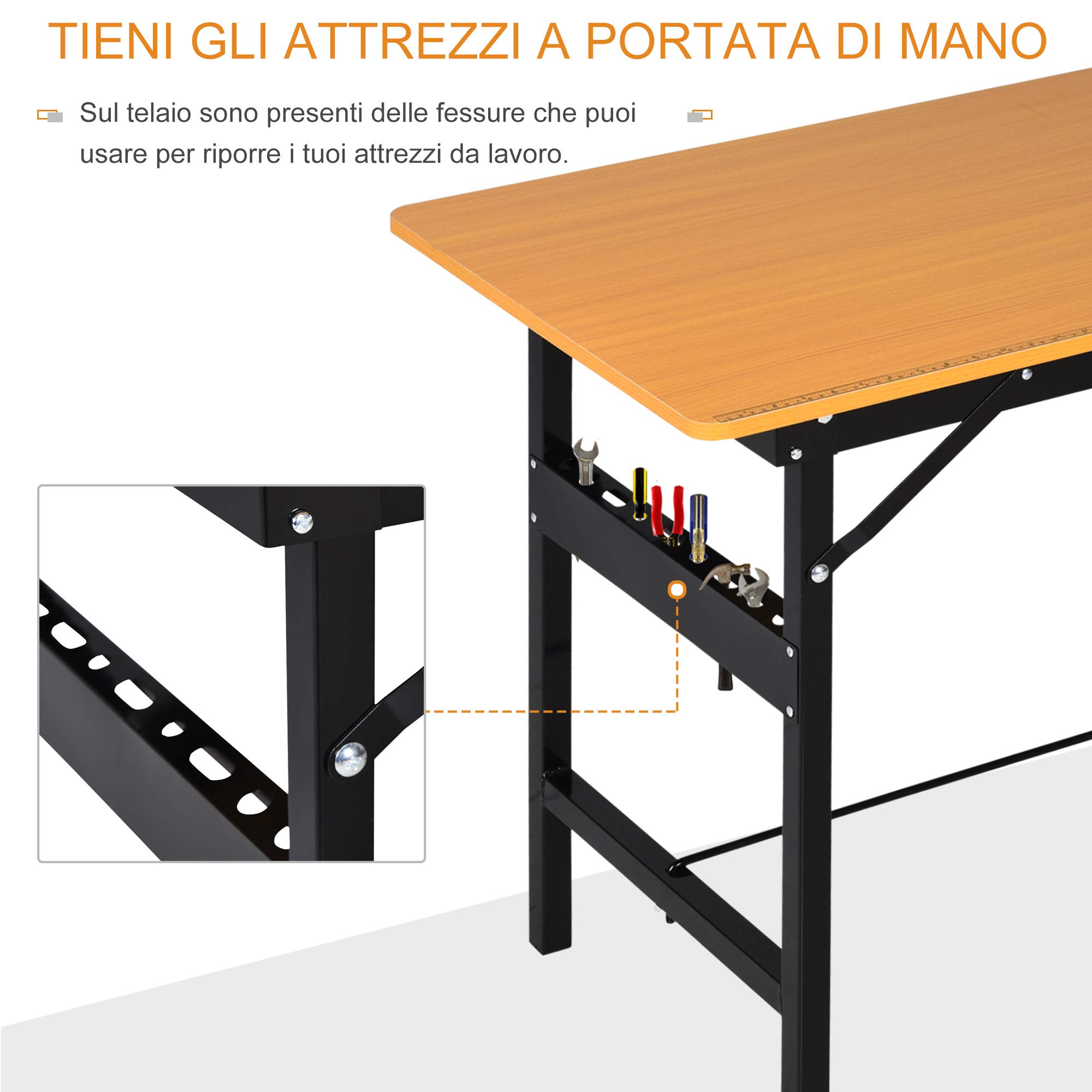 HOMCOM Tavolo da Lavoro Pieghevole per Fai da Te in Acciaio e MDF, con Riga e Goniometro Stampati sulla Superficie