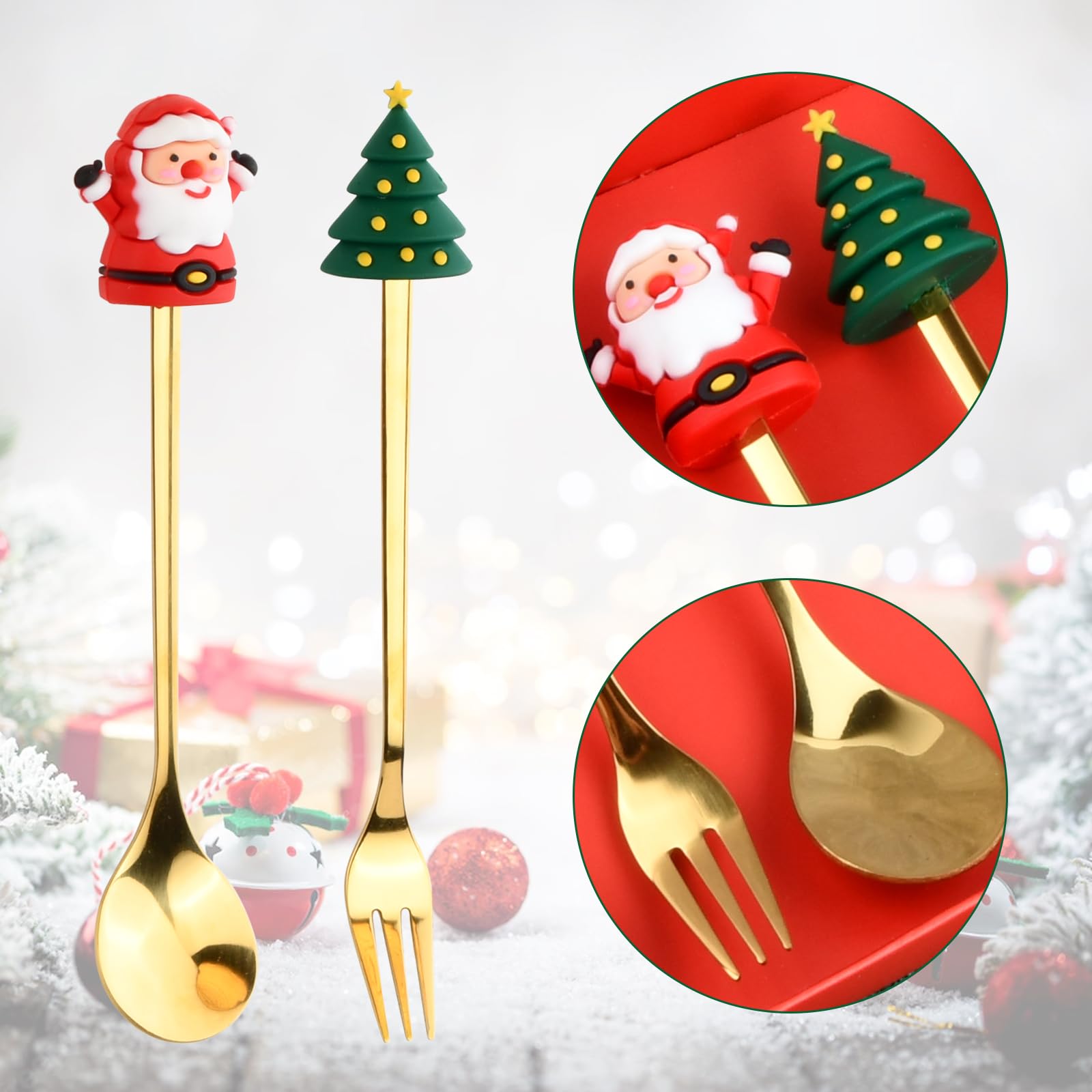 Volumoon Stoviglie natalizie, set da 4 pezzi cucchiai e forchette, cucchiaio da caffè in acciaio inox cucchiaino da tè forchette da dessert forchette da frutta forchetta per dolce, confezione regalo