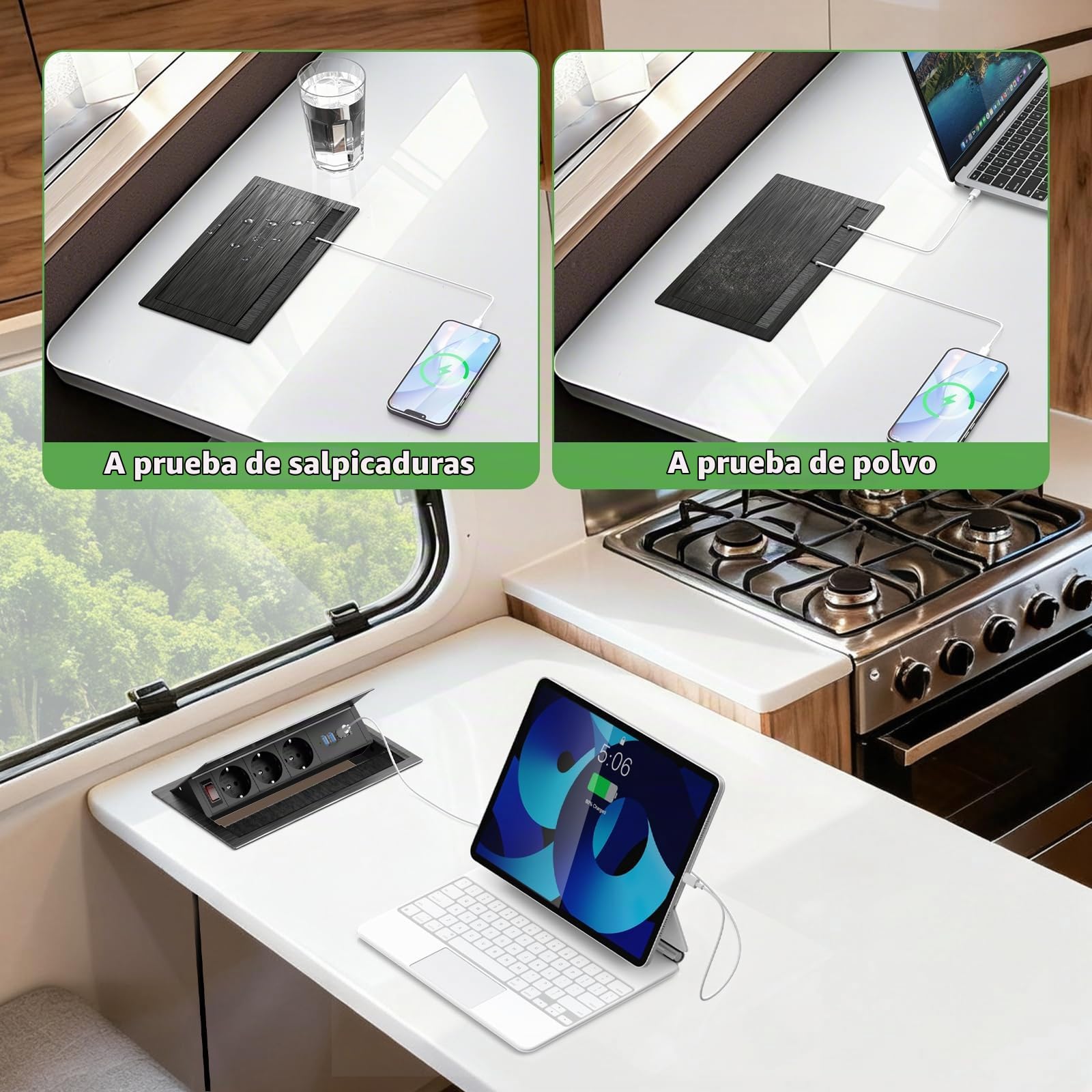 Enchufes Empotrable Mesa con USB C PD 30W, Regleta Retractil 3 Enchufes con 4 USB, Toma Empotrable Escritorio para Encimera, Cocina, Oficina, Cable de 1,8 m, Negro