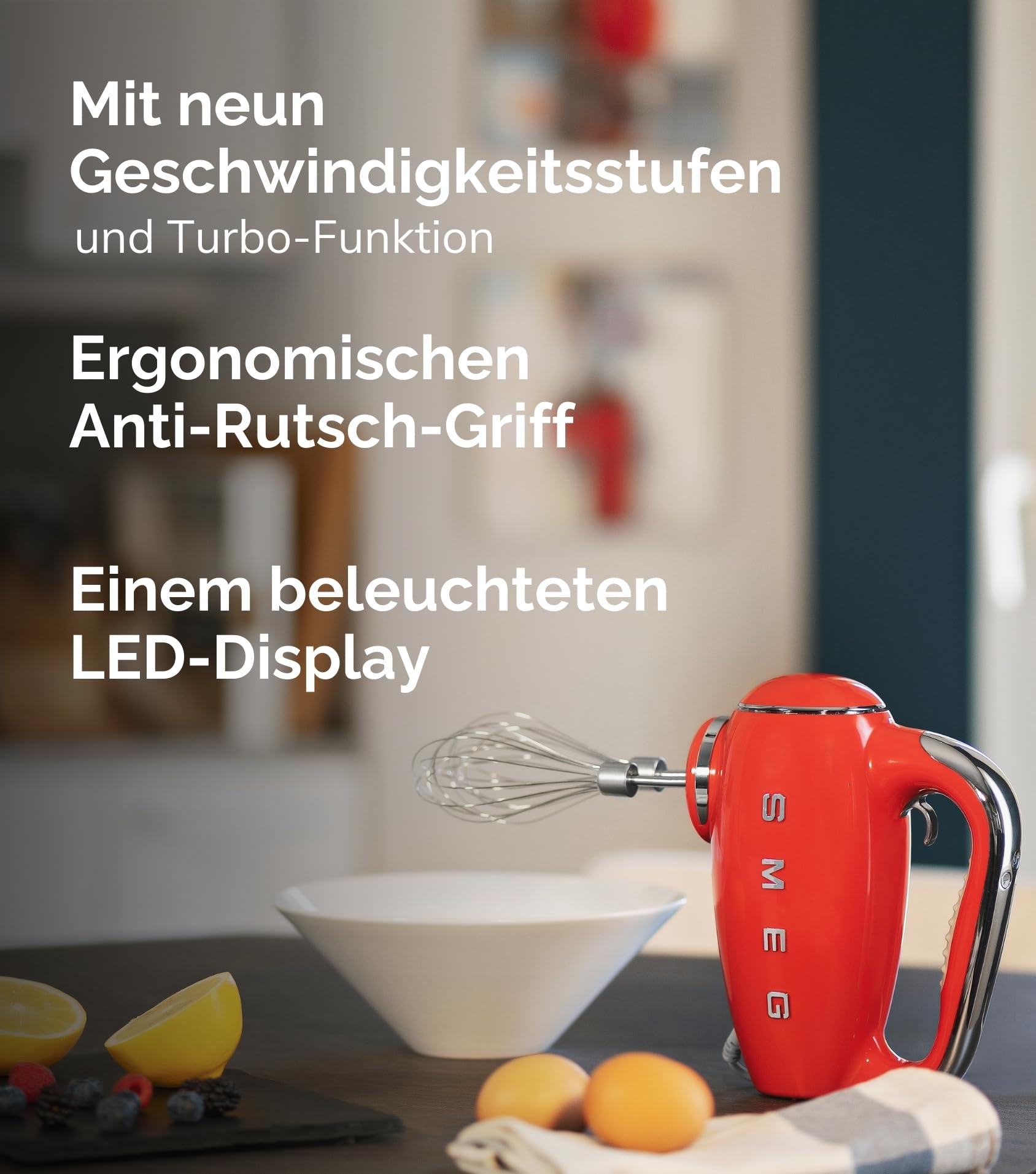 Smeg, HMF01CREU Electric Mixer, 9 -Geschwindigkeitsniveaus, Turbofunktion, glattes Start -Start -up -System, 4 Peitschen, 2 Ganci -Mixer und umhüllt, 250W, Creme