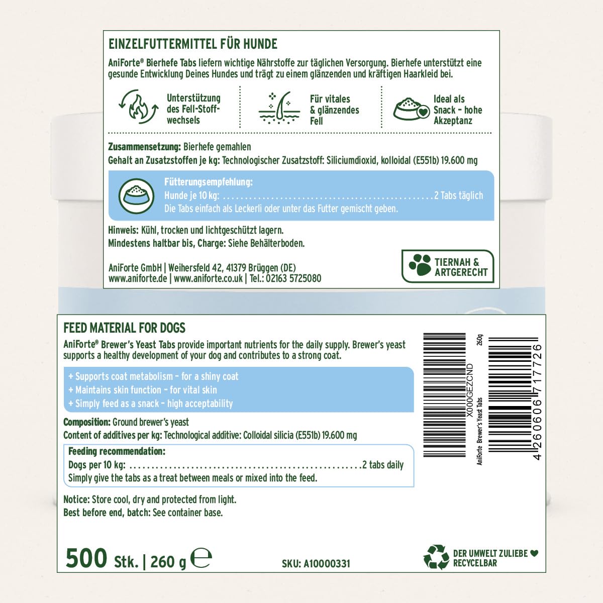 AniForte Lievito di birra per cani 500 Tabs - prodotto naturale, pelo lucido e forte, pelle vitale, rafforzamento generale e promozione della condizione, vitamine e minerali importanti