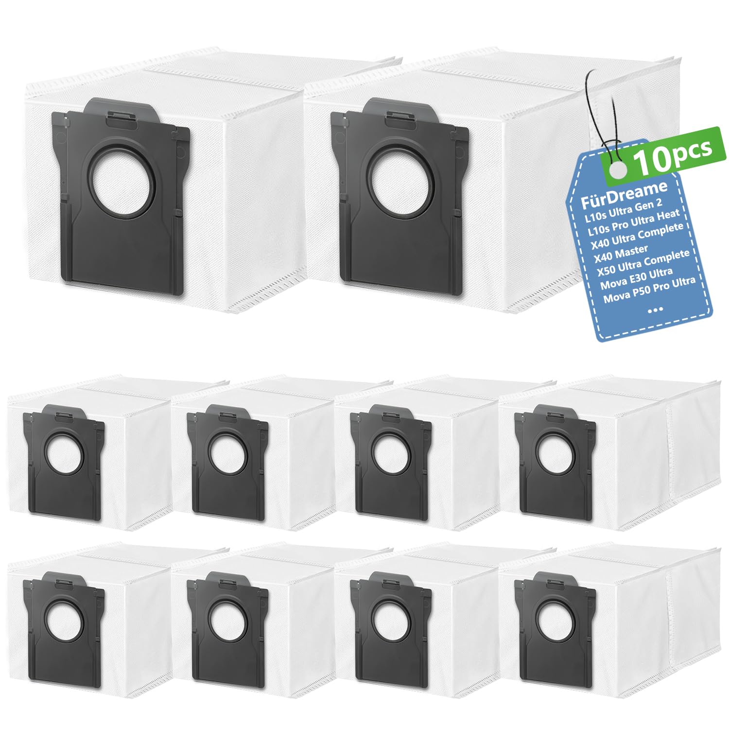 10 Staubbeutel für Dreame l40s pro ultra/L10s Ultra Gen 2/Gen 3,für Dreame X40/X50/L40S/L10/X20/X30/L50/Aqua10 Ultra,für Mova P50/E30/Z60/P10/V50 Roboter Staubsauger (Gray)