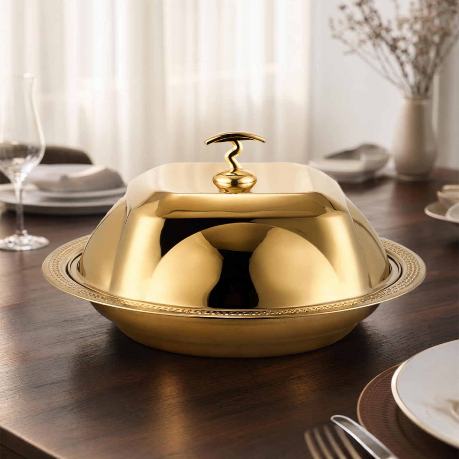 predolo Vassoio da Portata con Coperchio Elegante Vassoio con Coperchio a Cupola Lavabile Piatto Cloche per Catering, Buffet, Oro, 48cm