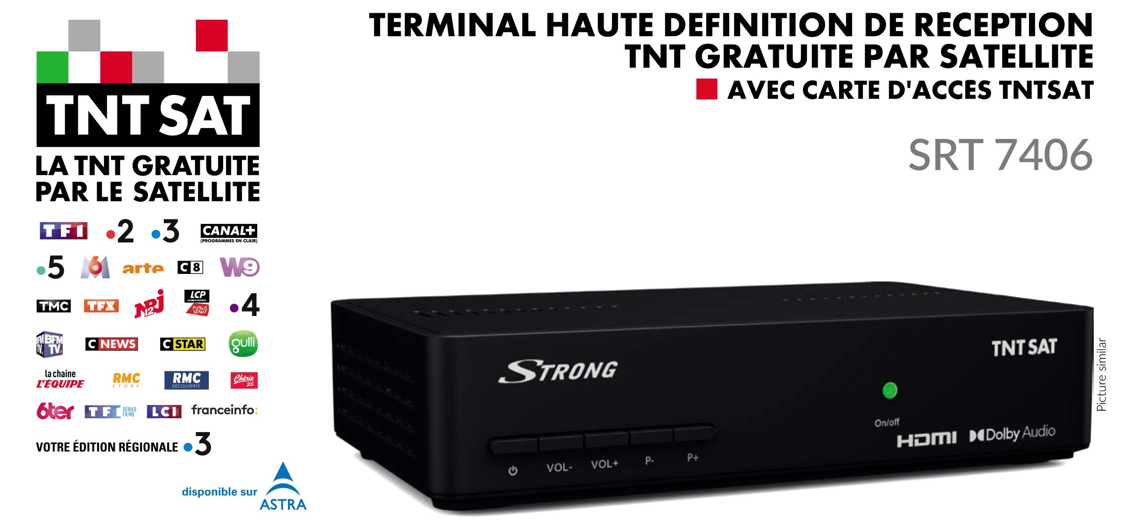 Strong SRT7406 TNTSAT HD, DVB-S2, pour recevoir la TNT par Satellite, Carte TNTSAT valable 4 Ans Incluse, HDMI, Péritel, Spdif, USB, Compatible Alimentation 12 V (Non fournie)