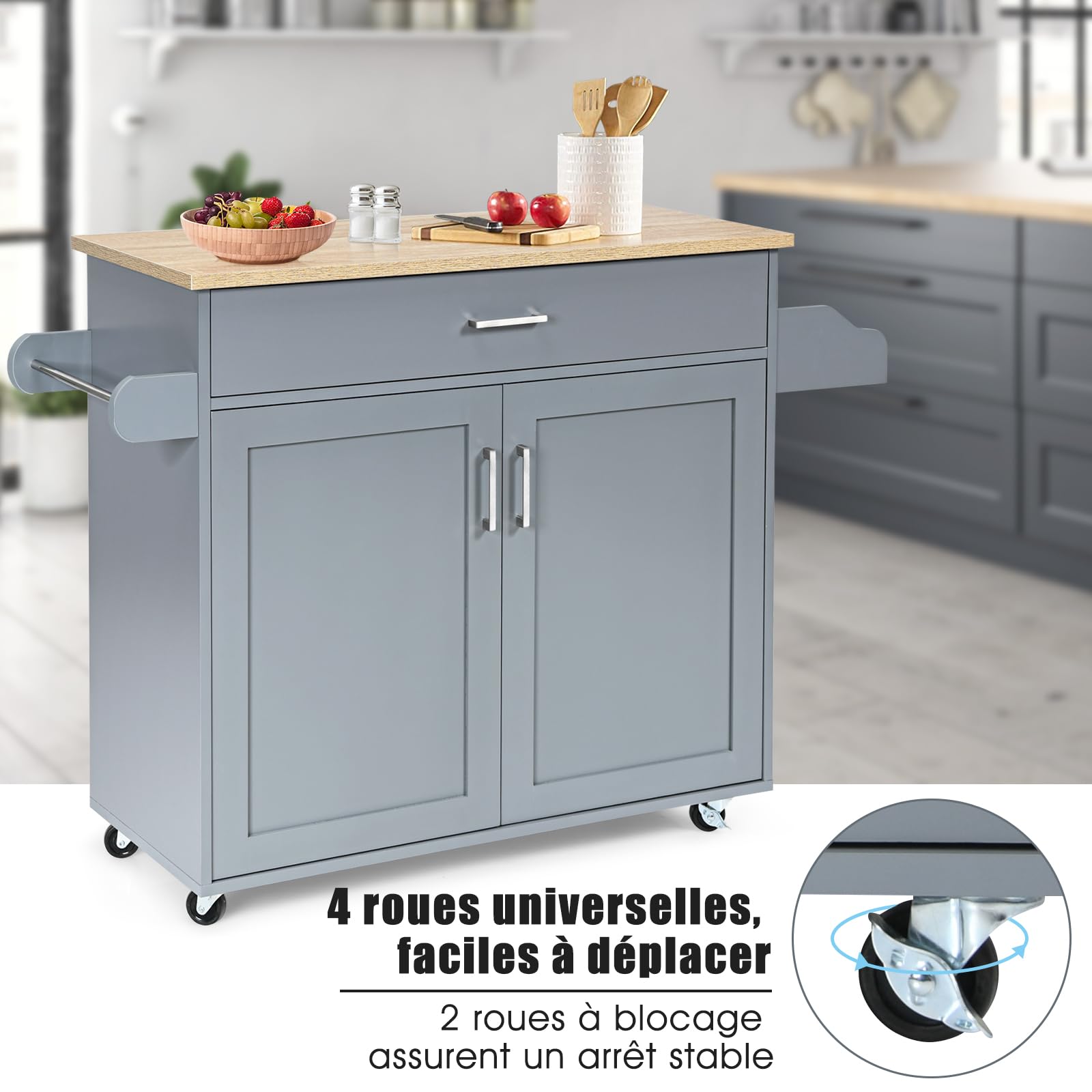 GIANTEX Desserte à roulettes avec Plan de Travail 90 x 40 cm, Desserte de Cuisine avec Grand Tiroir et Armoire à 2 Portes, Porte-Épices et Porte-Serviettes,116 x 40 x 85 cm (Gris)