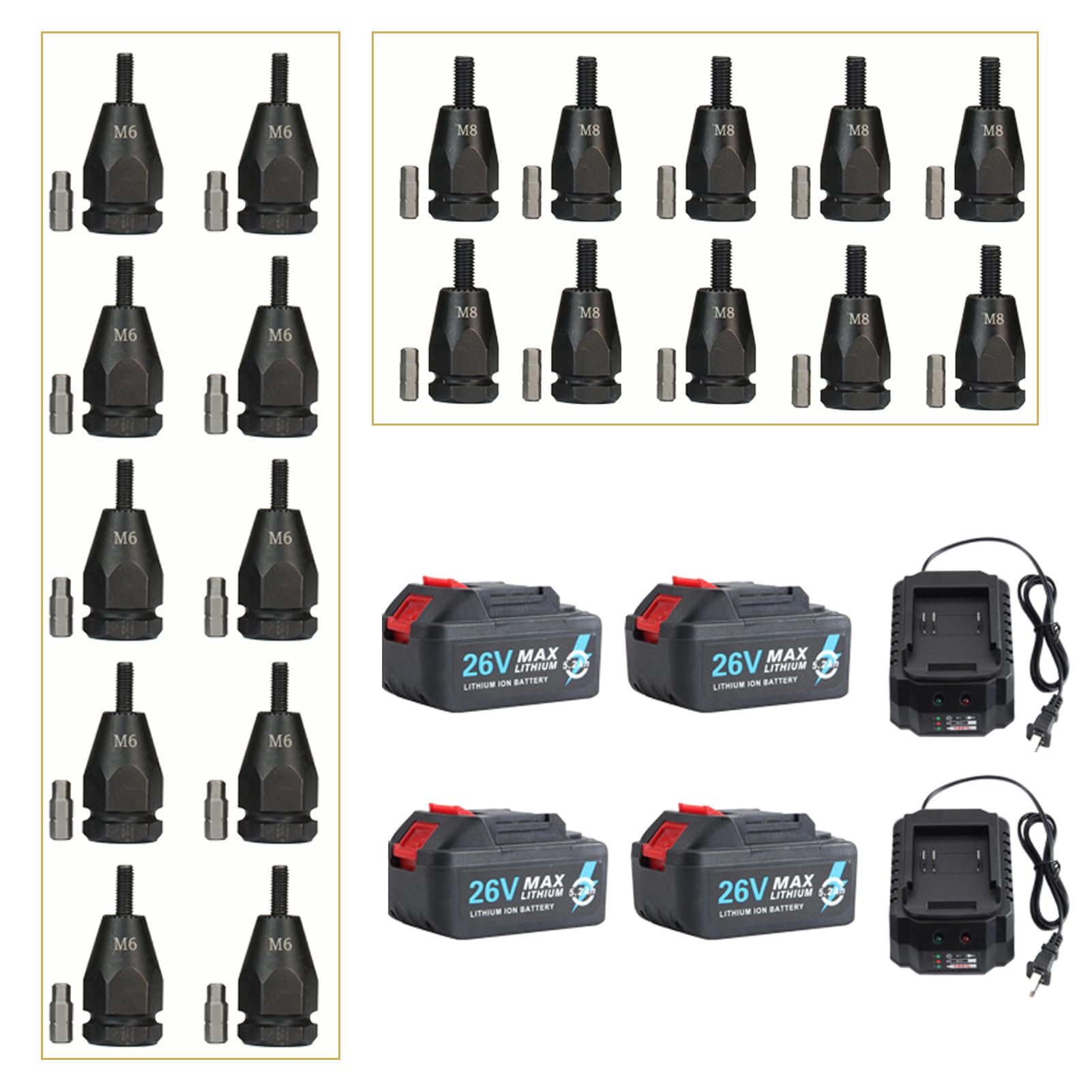 Remachadora de Tuercas a Batería y Eléctrica Portátil - Juego Profesional con 2 Cargador para Tuercas Remachables M6*10, M8*10 en Acero, 4 Batería (No incluye la pistola de remaches)