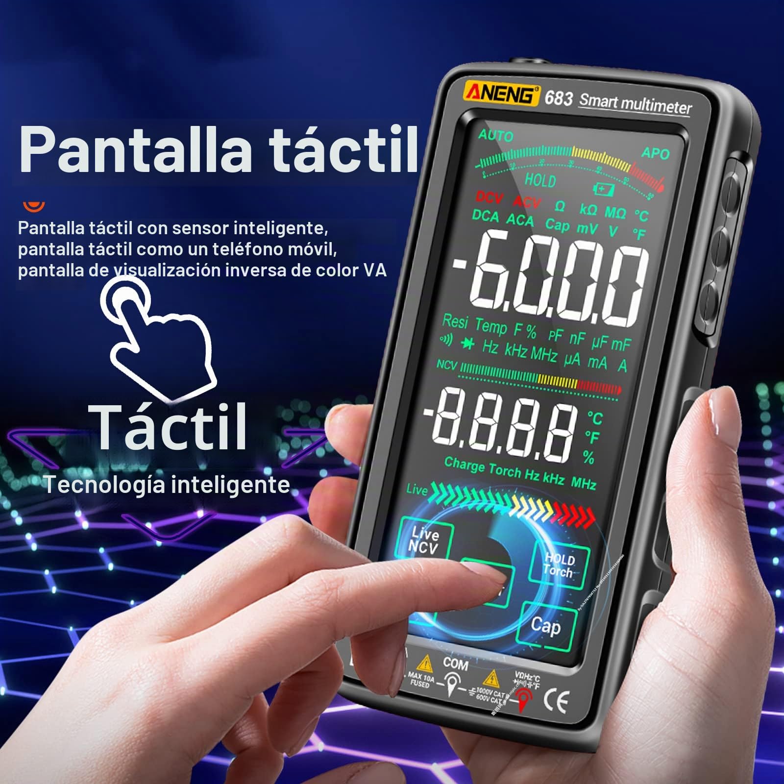 Irfora 683 6000 Cuentas Gran Multimetro Digital de Pantalla Táctil Inteligente Anti-Quemadura Recargable Medidor Universal Inverso de CA Display NCV con Linterna para Voltaje, Corriente, Resistencia,
