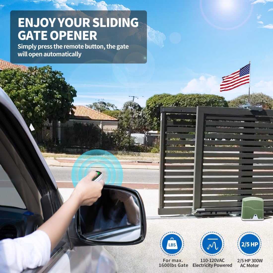 Person using a remote control from inside a car to open a sliding gate, illustrating the ease of operation.