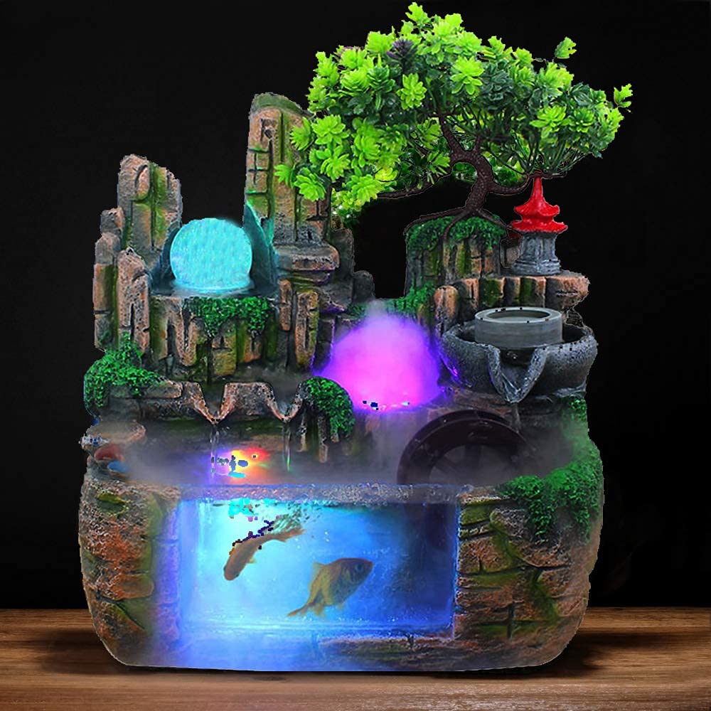 Desktop Fountain Waterfall Decor,Atomizing Desktop Humidifier with Rockery,Aquariums,Plant Atomizing Humidifier for Office Home Bedroom Desk Decoration