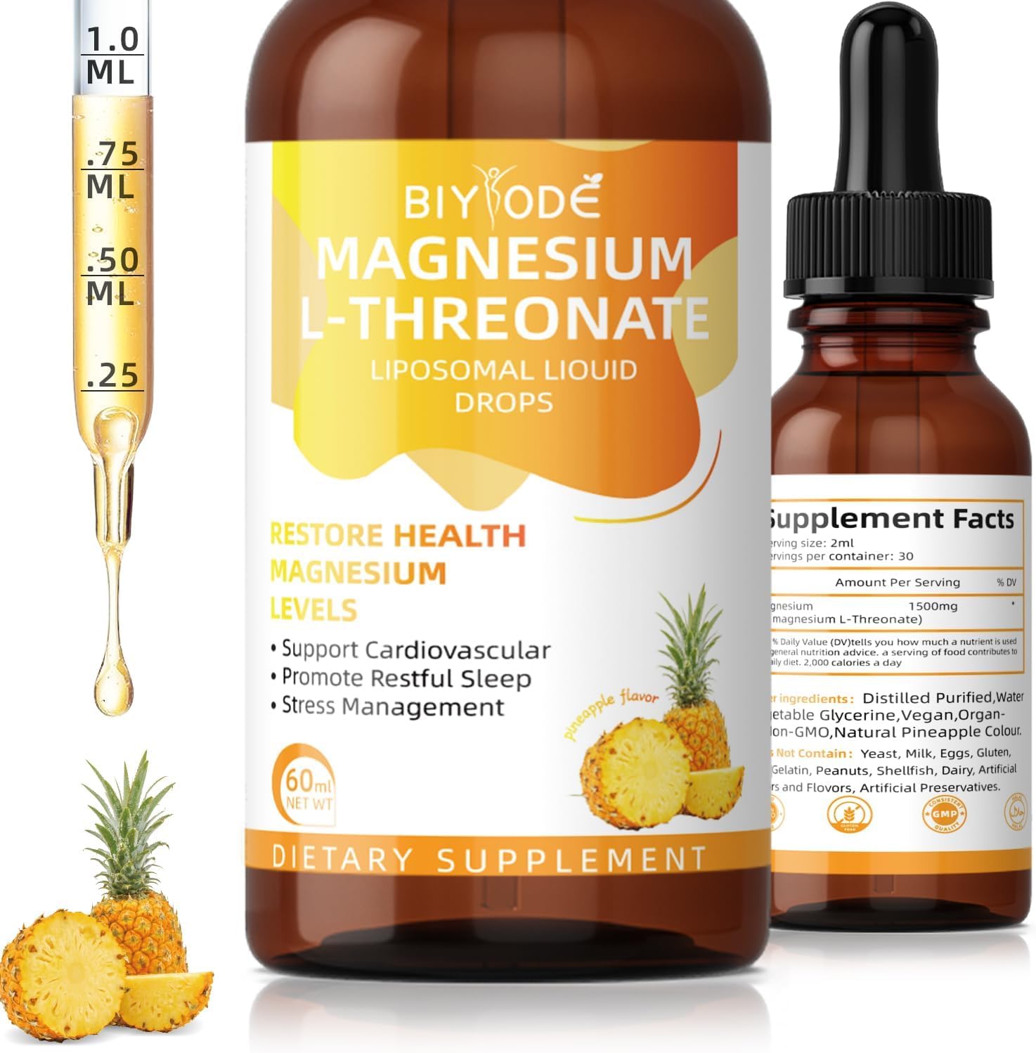 Magnesium L-Threonate Liquid Drops Restore Health Magnesium Levels Support Cardiovascular Promote Restful Sleep Relax Pineapple Flavor 60ml