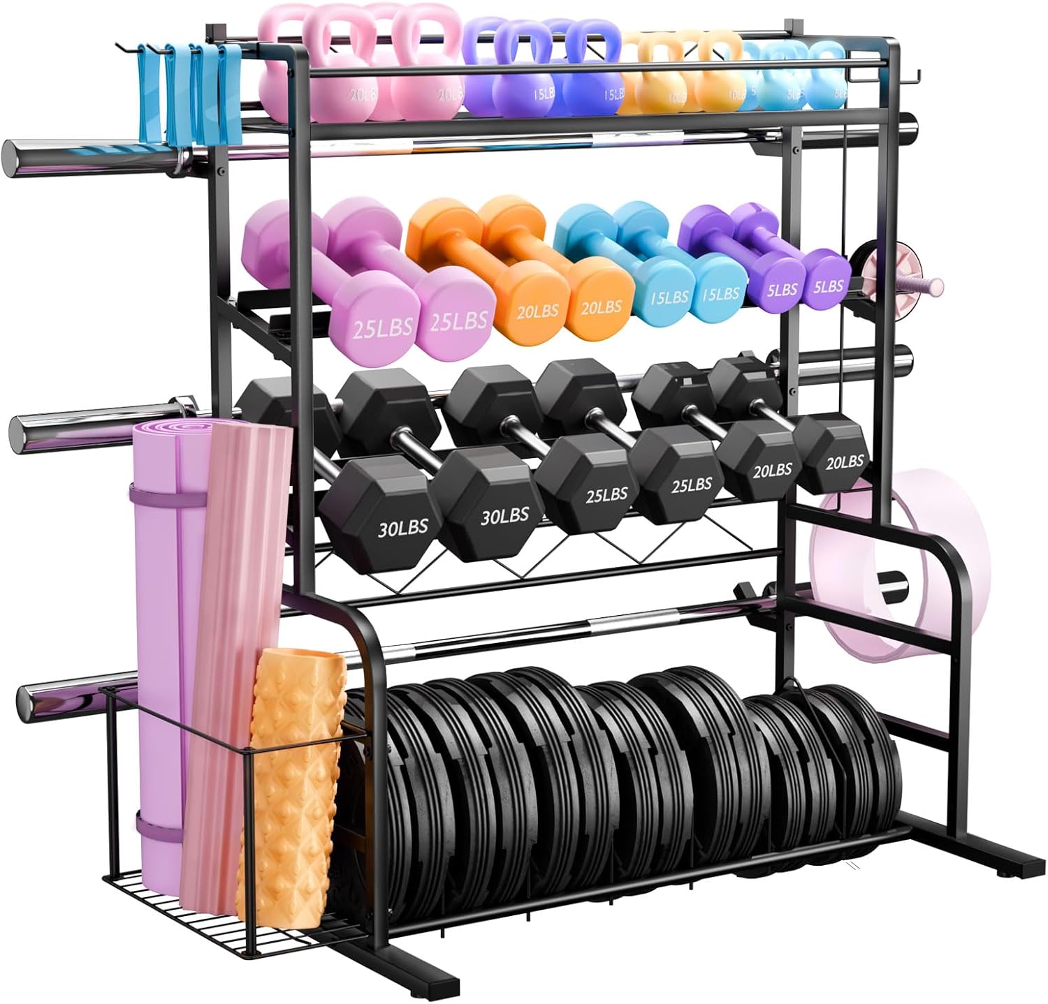 Upgraded XL Adjustable Weight Rack for Dumbbells - Barbell Holder Bumper Plate Storage Rack with 3 Olympic Bar Racks, Dumbbell Rack Weight Stand,Home Gym Storage Rack for kettlebells,Yoga Mat