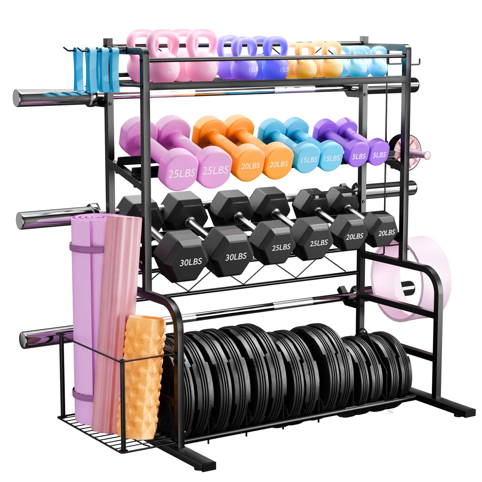 Upgraded XL Adjustable Weight Rack for Dumbbells - Barbell Holder Bumper Plate Storage Rack with 3 Olympic Bar Racks, Dumbbell Rack Weight Stand,Home Gym Storage Rack for kettlebells,Yoga Mat