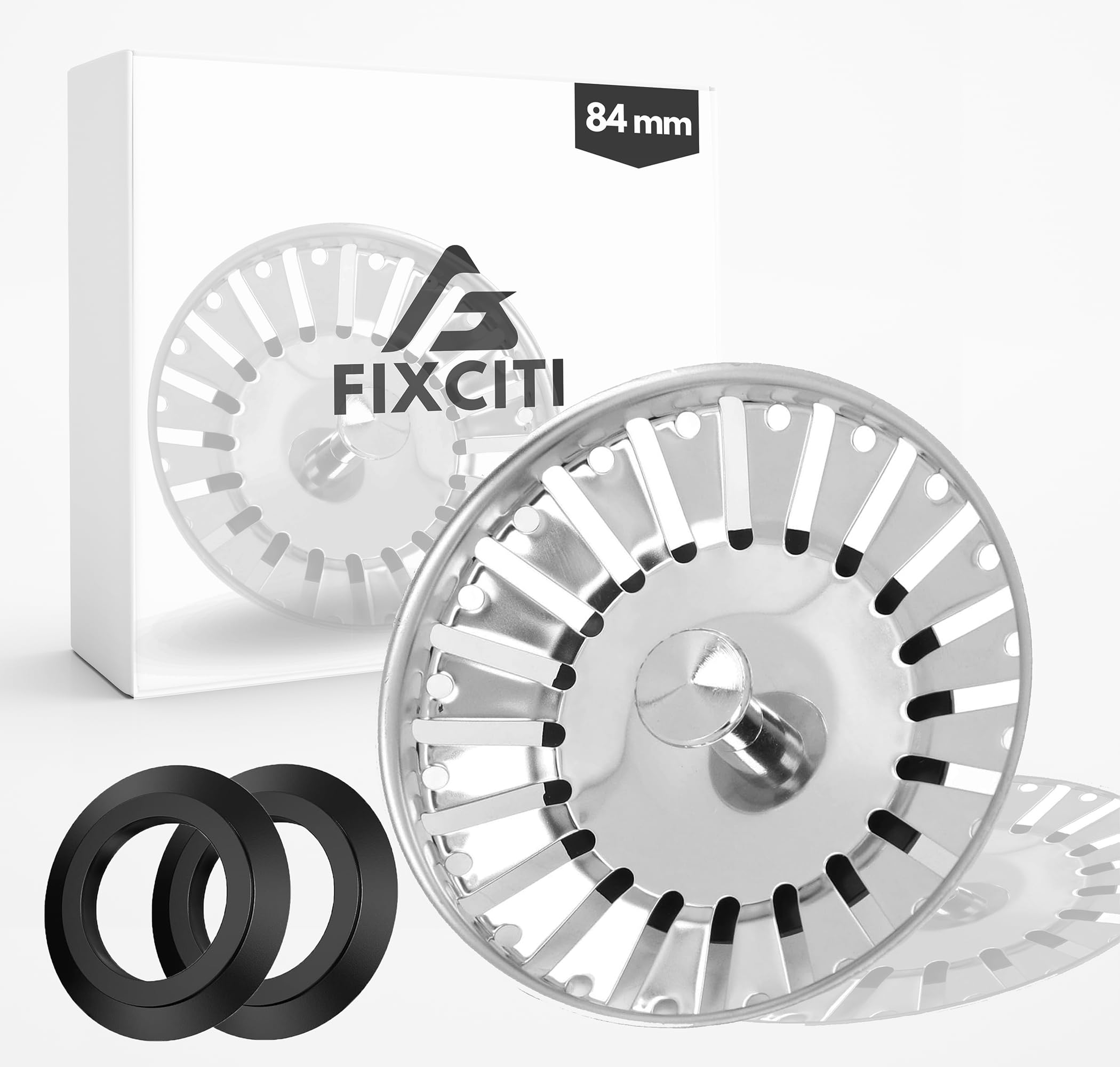 FIXCITI 84mm Sink Plug strainer - SS 304 SinkPlug Replacement with 2 Silicon Rubber Seals, Kitchen Sink-Plug (Pack of 1) - Dual Functional Kitchen Sink-Strainer plug for Food Waste/Hair Catcher