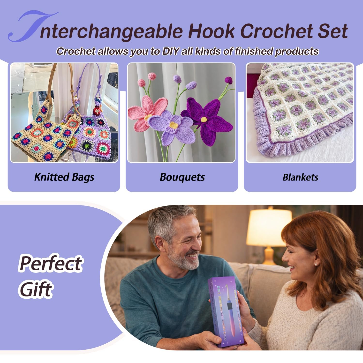 Yarniss Interchangeable Crochet Hooks with Screw Handle,8 Size Ergonomic Crochet Hooks with Comfortable Handle 2.5~6.5mm,Gradient Purple — view 5