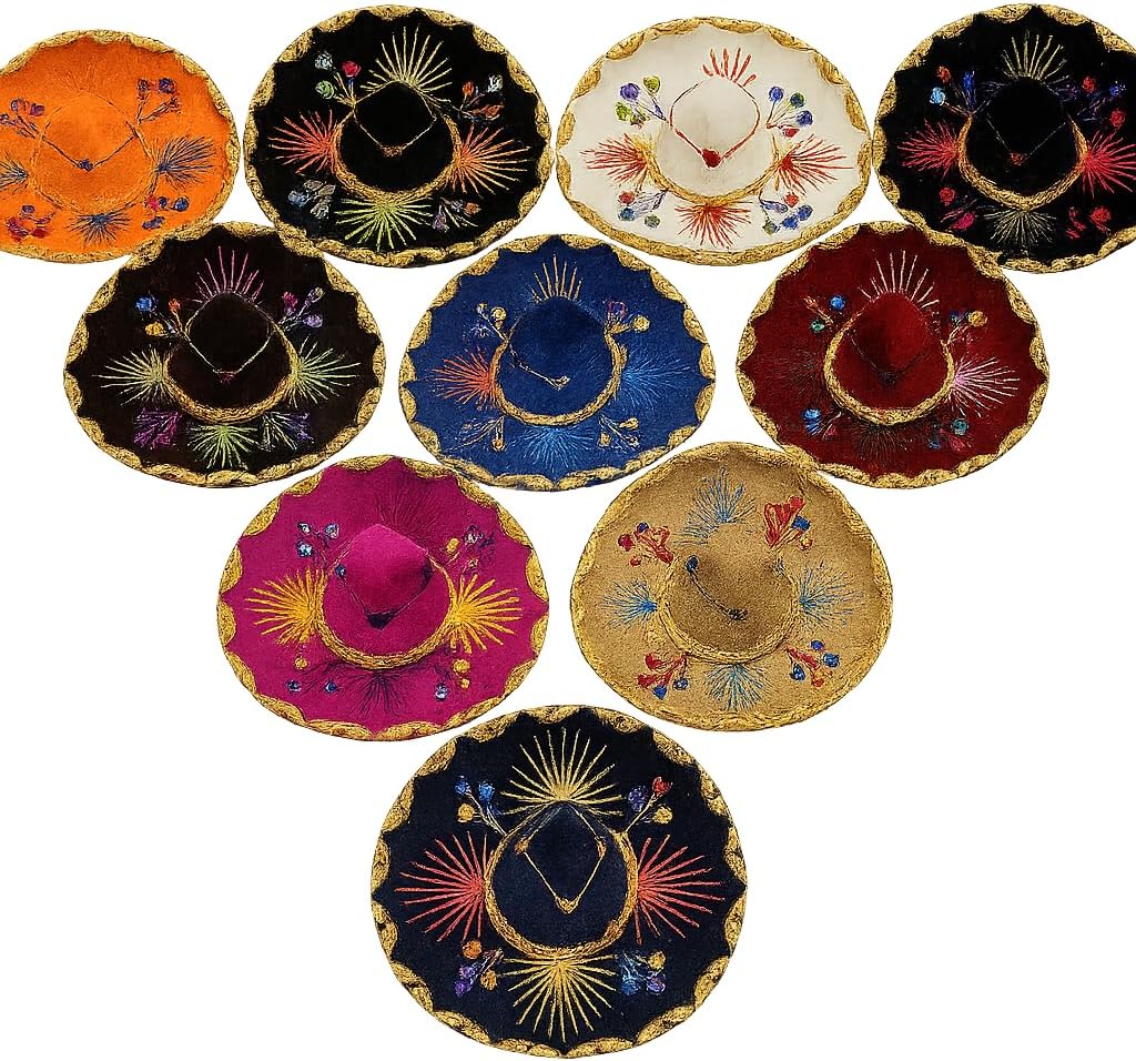 10 Pack Mexican Charro Mini Sombrero Hats - Mariachi Theme Party - Assorted Colors