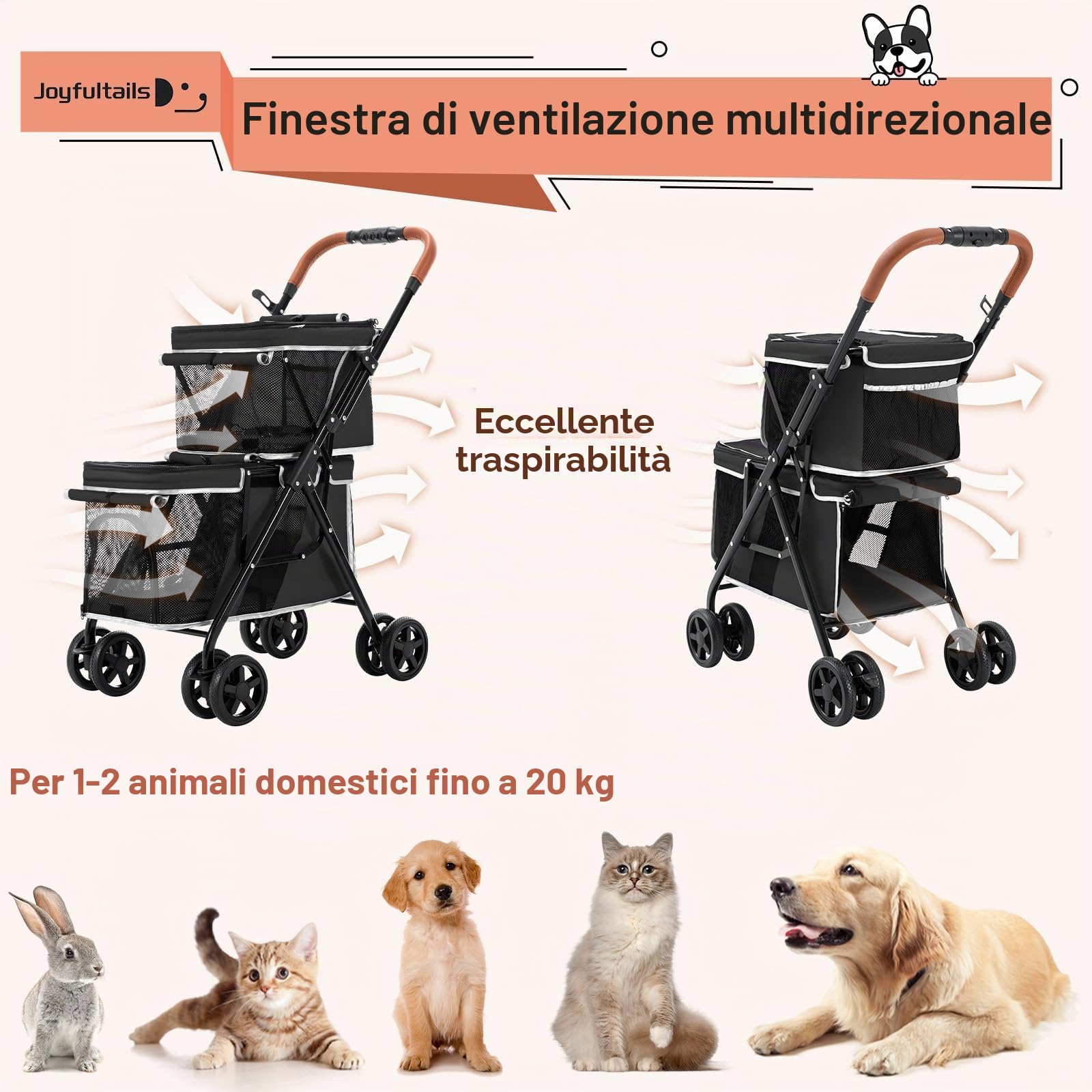 Passeggino per Cani Gemellare 20kg Capacità [Pieghevole 1 Secondo] Carrello per Animali con 4 Ruote con Freni e Struttura Ventilata per Taglia Media, nero