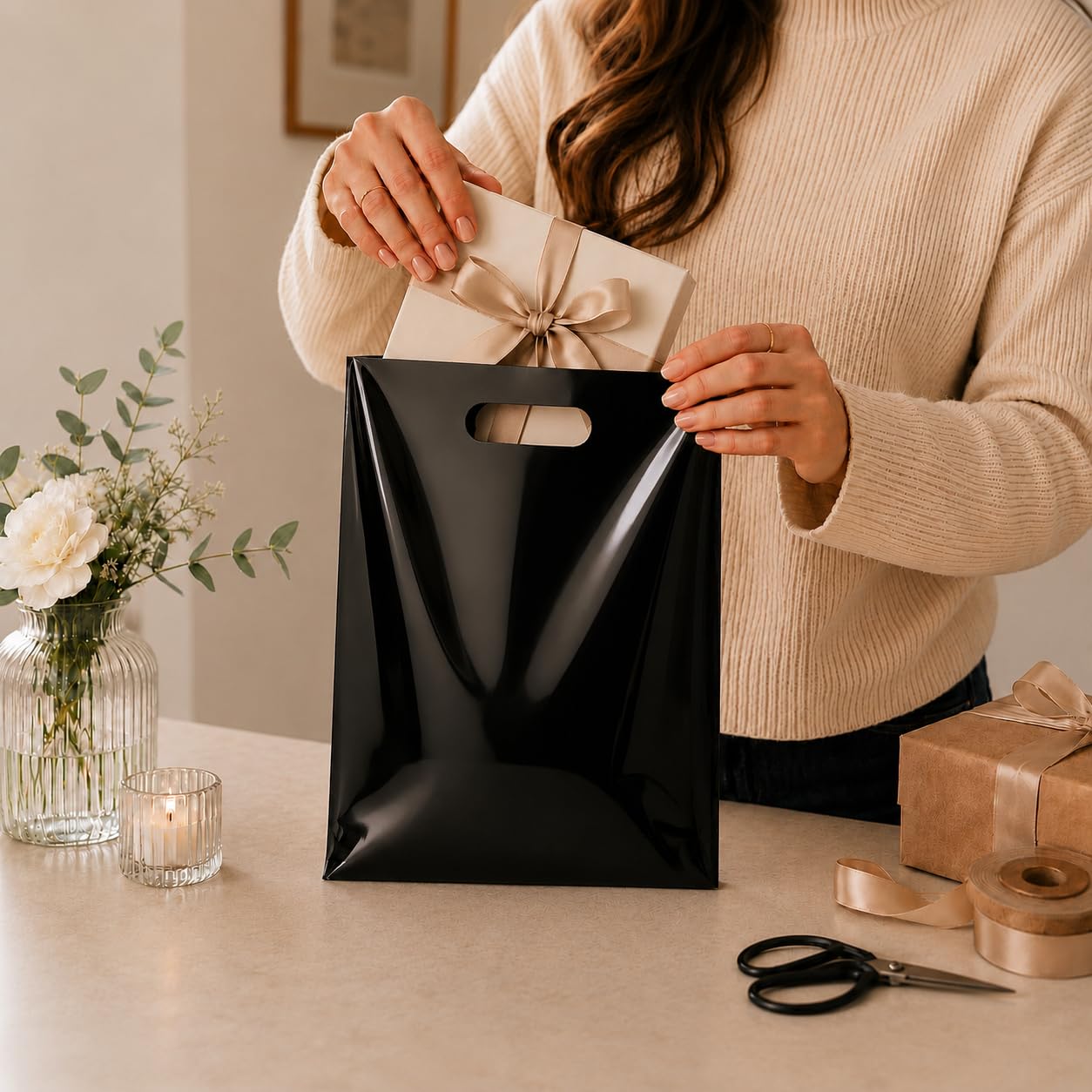 Plastikowa torba z wykrawanym uchwytem 23 x 30 cm, czarne plastikowe torby na towary, 100 sztuk do sprzedaży detalicznej, na prezenty, targi i nie tylko (23 cm x 30 cm)