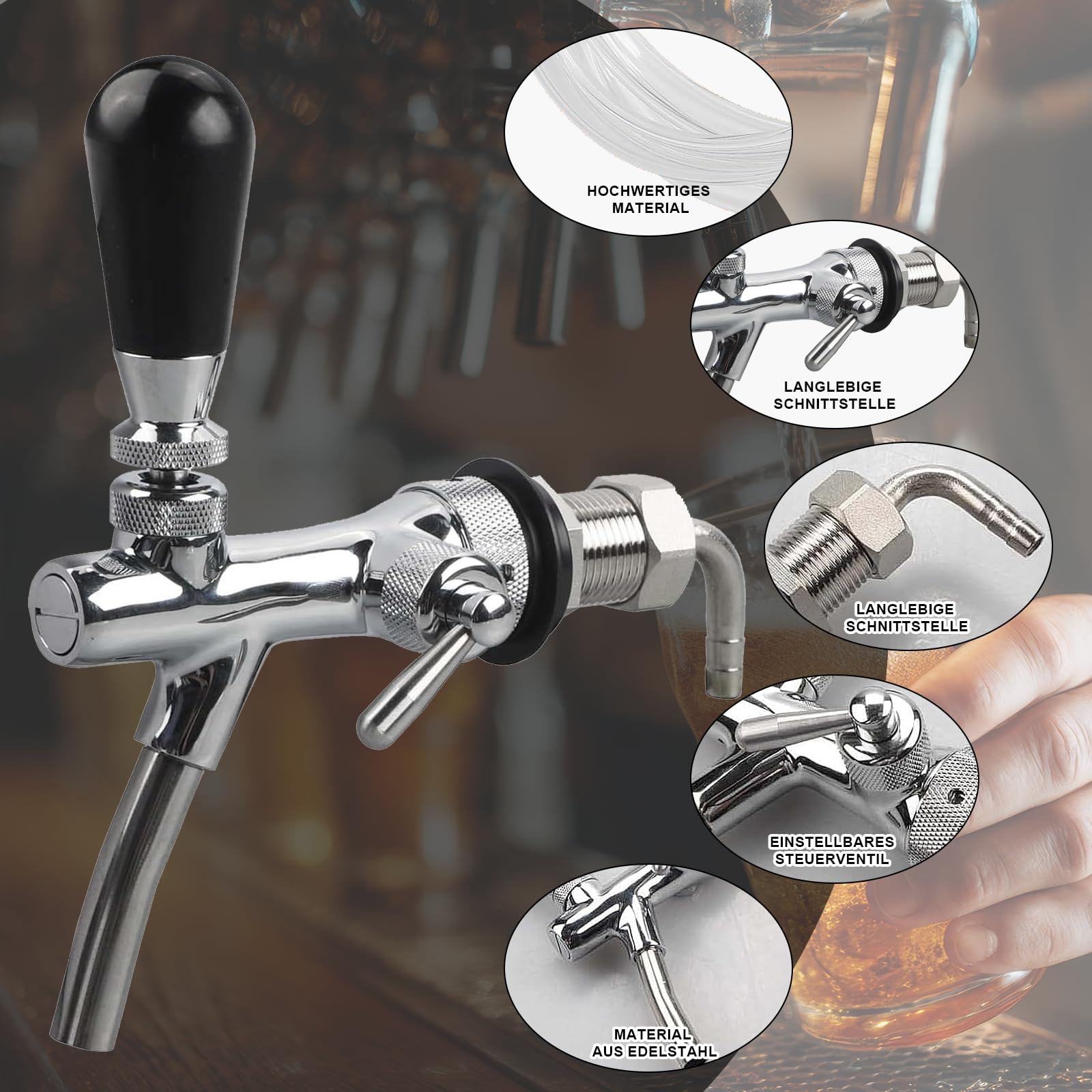 Einstellbarer Bierhahn G5/8, Bierzapfhahn Chrome Bier Zapfhahn, Bierhahn Langschaft Edelstahl für Hause Bier Bar Restaurants Spender Weinwerkzeuge Home Brewing Zubehör