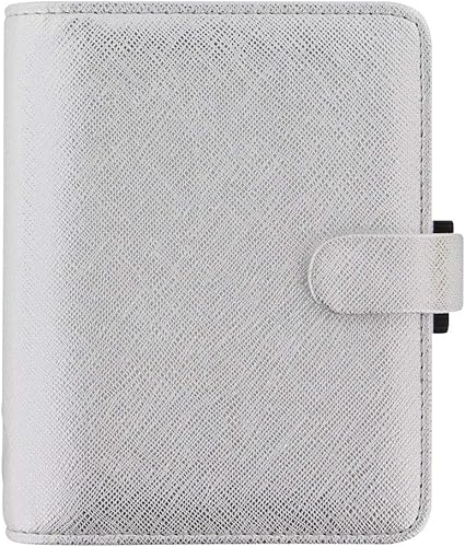 Miniatura 5 de Filofax Saffiano Organizador metálico, tamaño de bolsillo, plateado, grano cruzado, aspecto de cuero, cubierta de acabado metálico brillante, seis