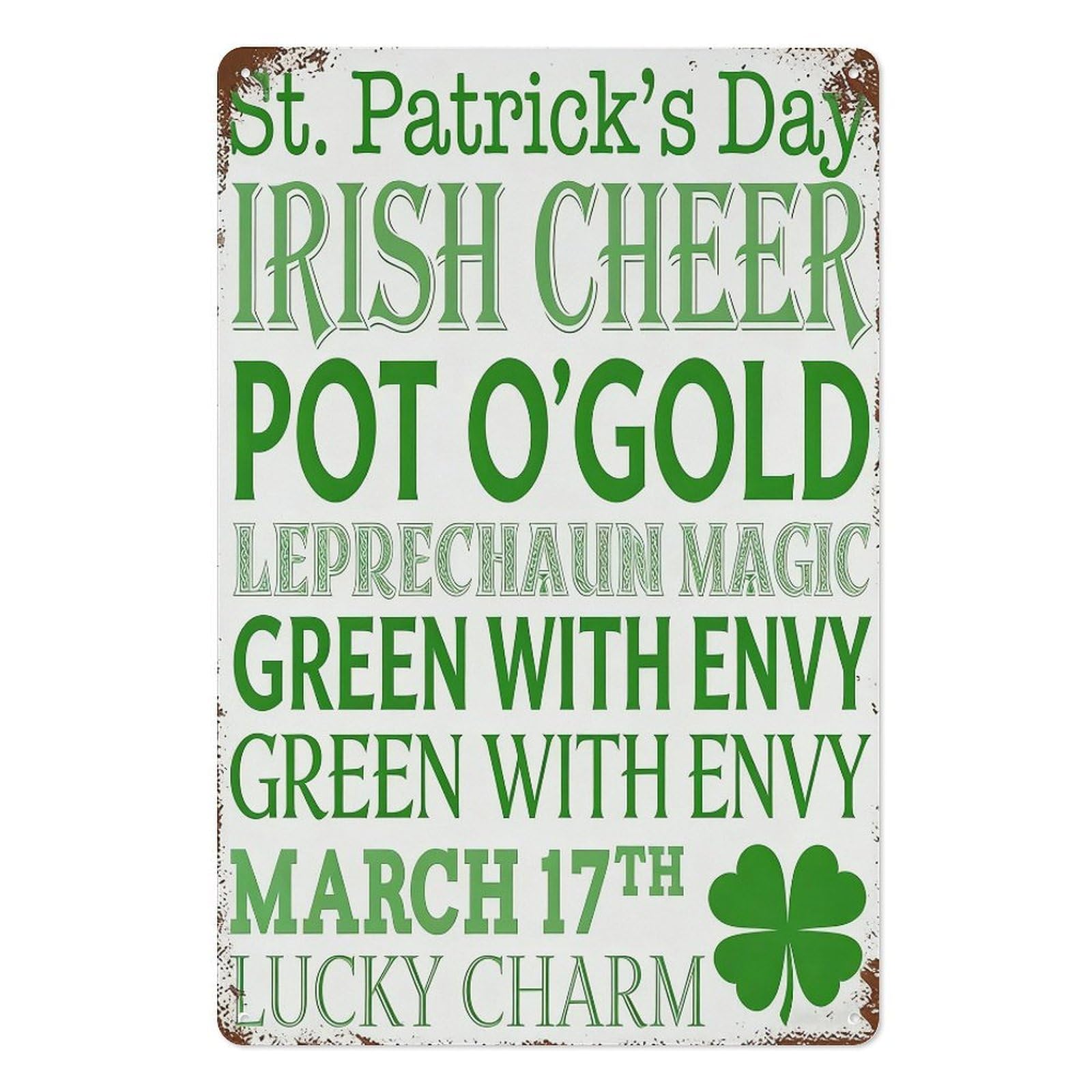 peiyeety St Patrick’s Day Metal Tin Sign 8x12 Inch, Vintage Multi Green Typography Clover Pub Bar Wall Decor Plaque, Irish Holiday Wall Art