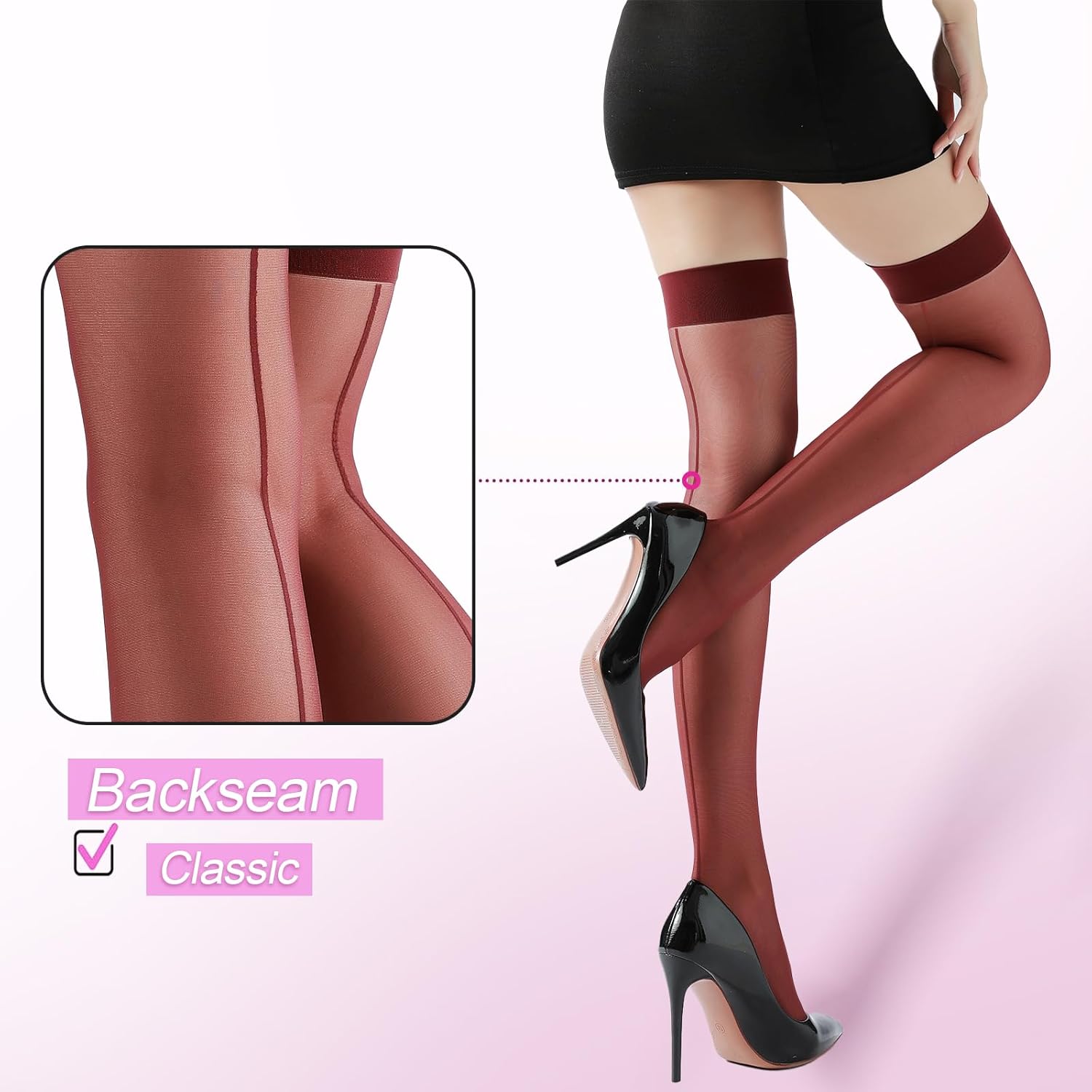 G&Y 4 Pairs Women's Backseam Thigh High Stockings - 20D Sheer Top Nylon Stay Up Pantyhose with Reinforced Toe - Image 3