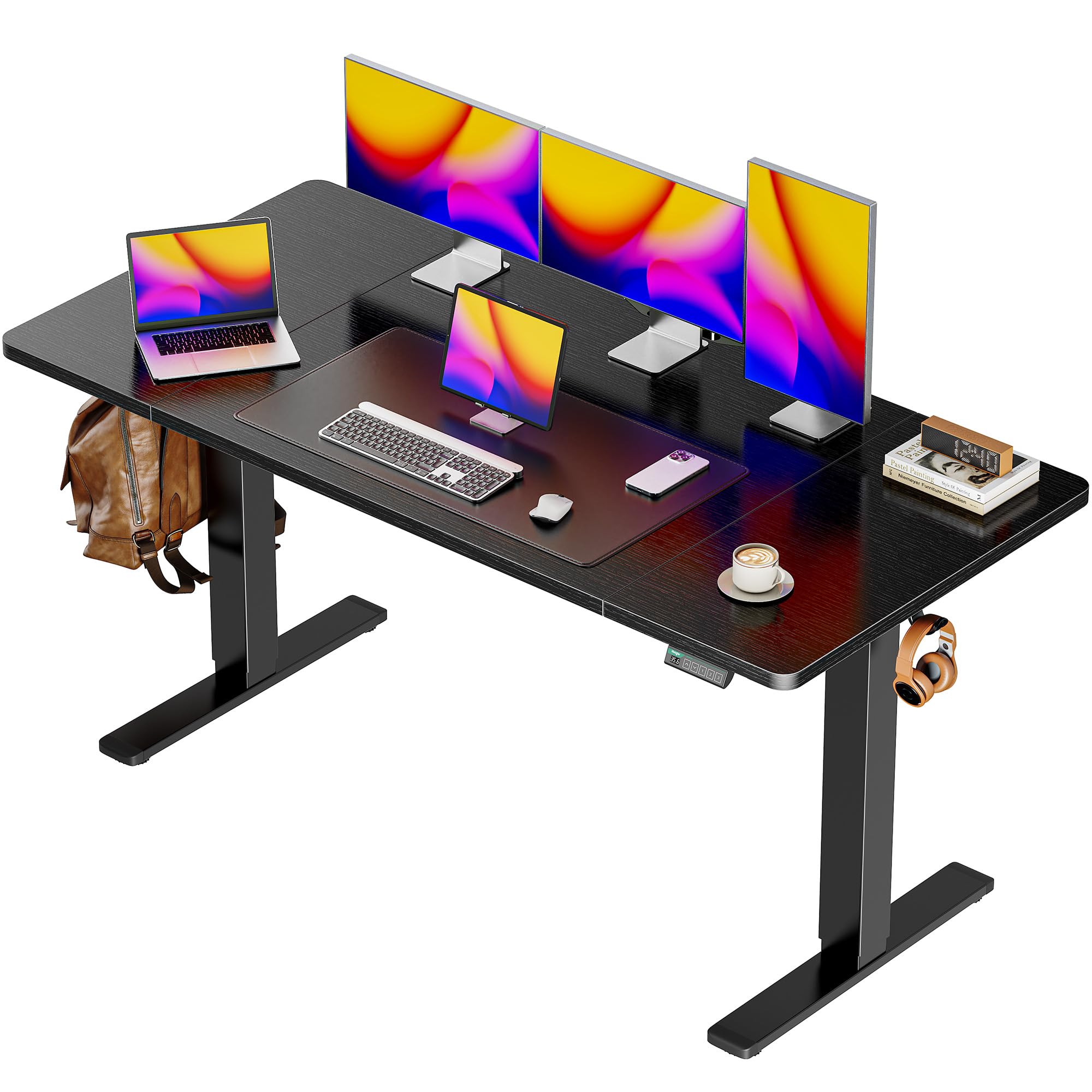 Huuger 55 x 28 Large Electric Standing Desk, Height Adjustable Computer Desk, 27.6" Deep Desktop, Stand up Gaming Office Table with 2 Hooks, 3 Preset Heights, for Home Office, Black 55*28 inch (no outlets) Black