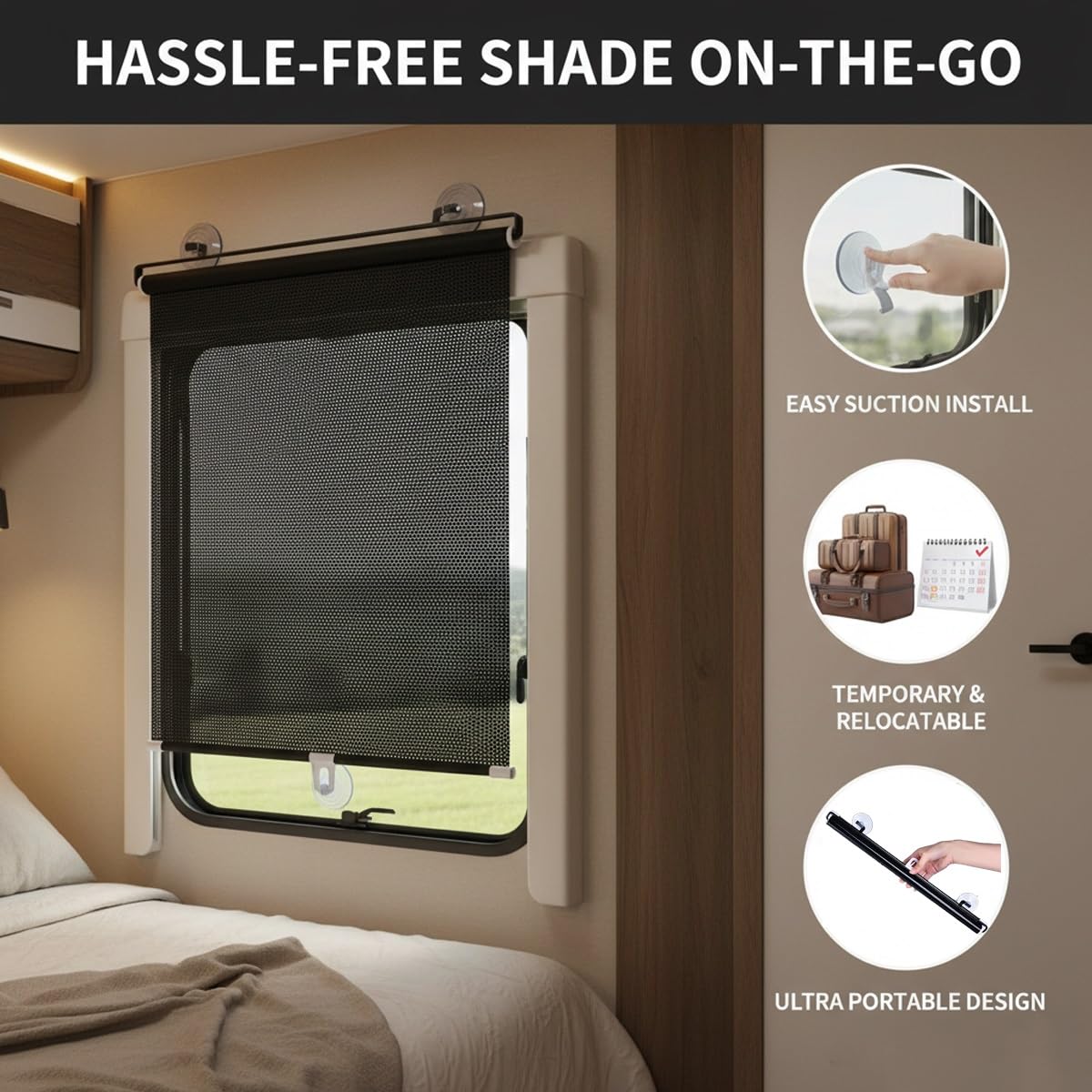 Soleil Ventouse, Store Enrouleur Occultant pour Fenêtre Rétractable, Store À Rouleau Portable, sans Perçage Rideau Protection Solaire pour Salon, Bureau, Voiture(Noir,W:80xH:135 cm (31x53 in),)