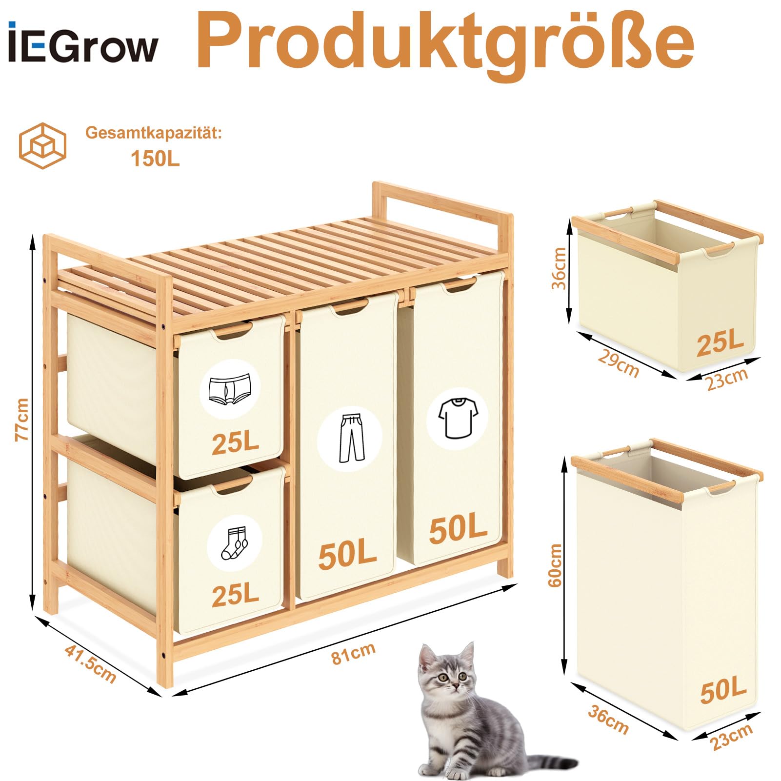 iEGrow Wäschekorb 4 Fächer 150L, Wäschesammler 4 Fächer, Bambus Wäschewagen mit Ablage für Schmutzwäsche, Push-Pull Wäschesack aus Oxford-Gewebe, 2 x 50 L, 2 x 25L Wäschebox Beige