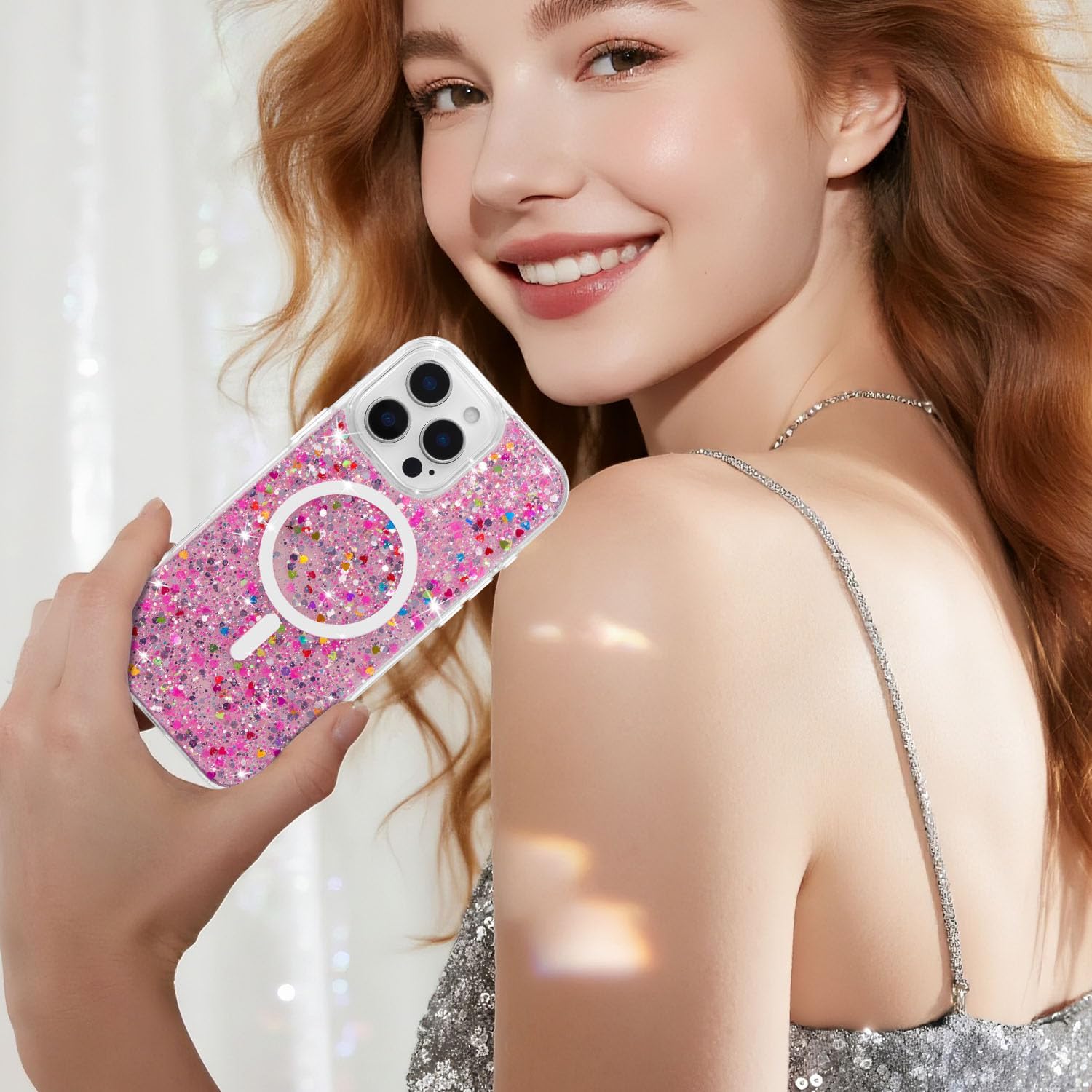 UEEBAI Glitter Case Magnetic for iPhone 15 Pro Max Case, Luxury Shiny Bling Sparkly Phone Cover Compatible with MagSafe, Wireless Charge Crystal Diamonds Shiny Cover for Women - Hot Pink - Image 5