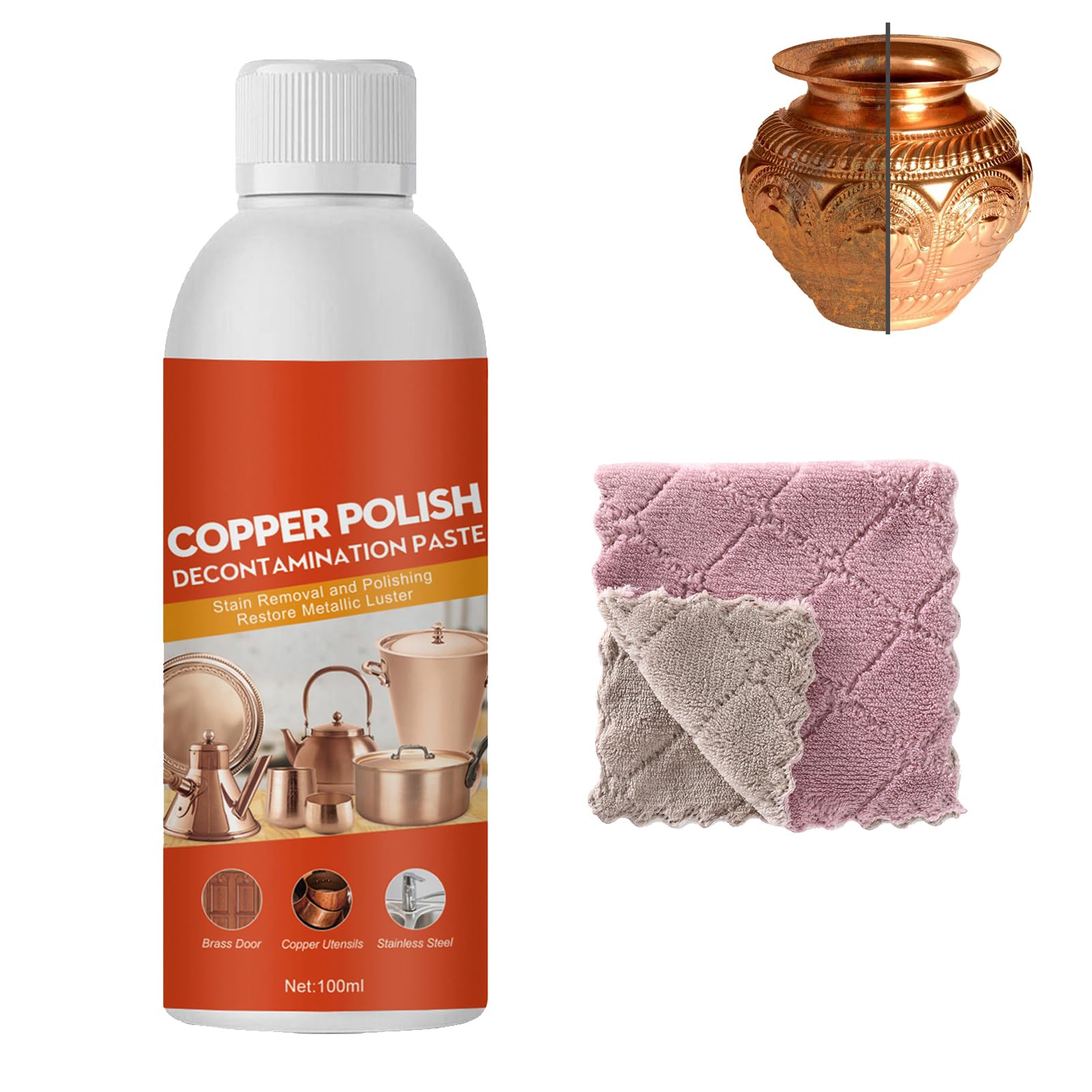 GNAUMORECopper Cleaner for Pots and Pans, Brass Copper Cleaner Polish Spray, Copper Cleaner and Polish, Brass Cleaner and Polish Spray, Copper Cleaner Tarnish Remover, Containing a Cloth