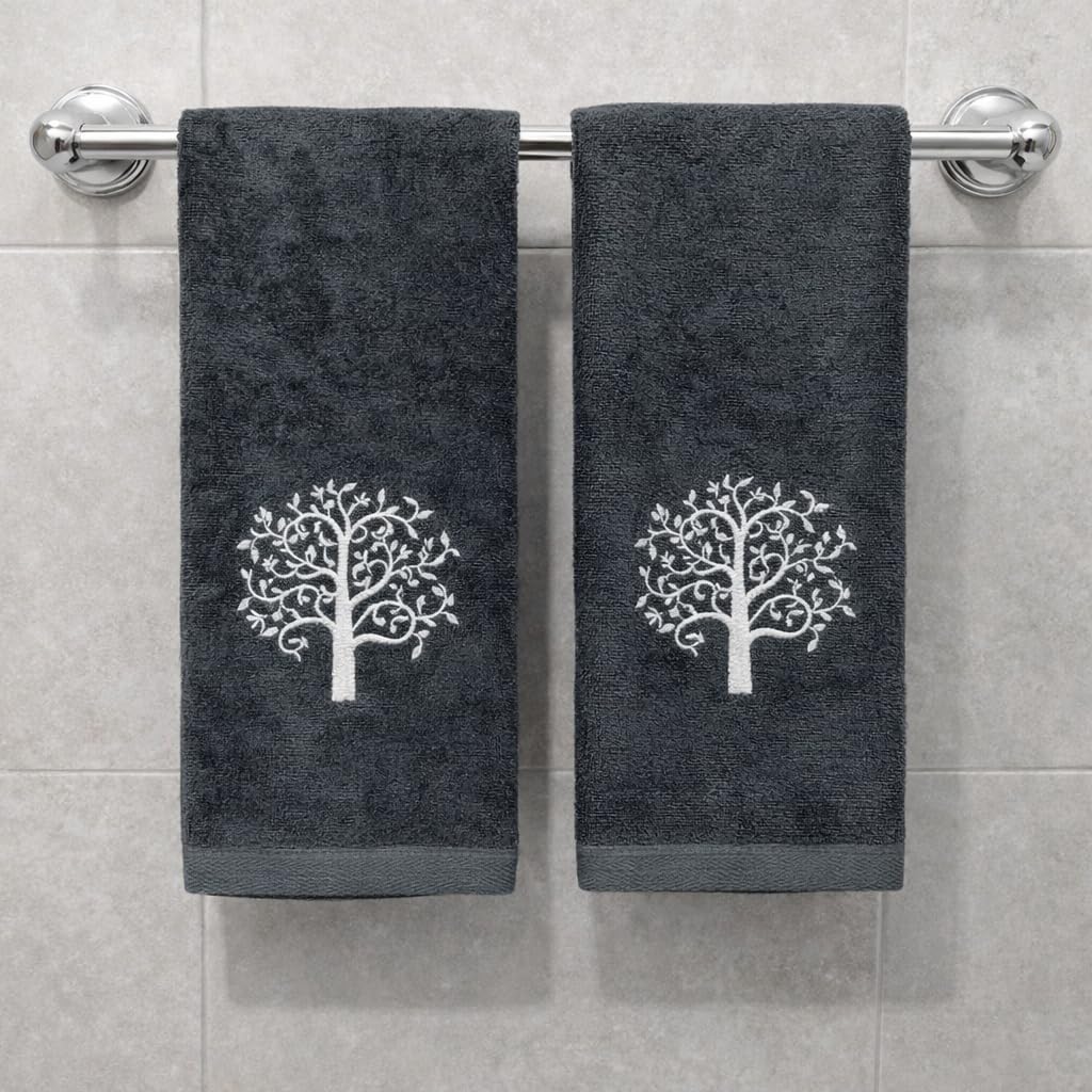 Serafina Home Tree of Life Bath Hand Towels Bathroom Decor Farmhouse: Grey Gray Cotton Towels with Embroidered White Ornate Tree, 2 Piece Set - Image 4