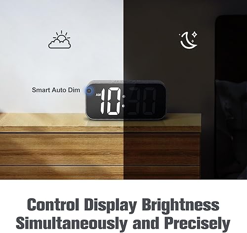 Miniatura 7 de BUFFBEE Reloj despertador doble para dormitorios, ajuste de brillo automático del reloj, pantalla LED grande de 2 pulgadas, tono de alarma natural,