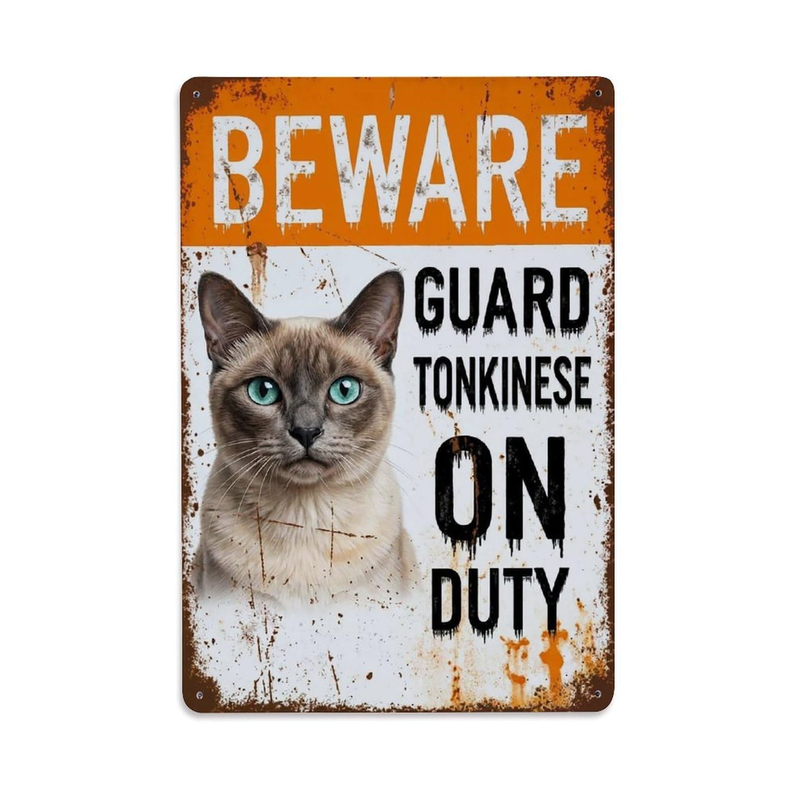 Vintage Funny Tonkinese Guard Beware of Cat Veranda Metal Tin Sign Plaque Wall Decor for Cafe, Club Bar, Office, Garden Metal Poster 8x12Inch