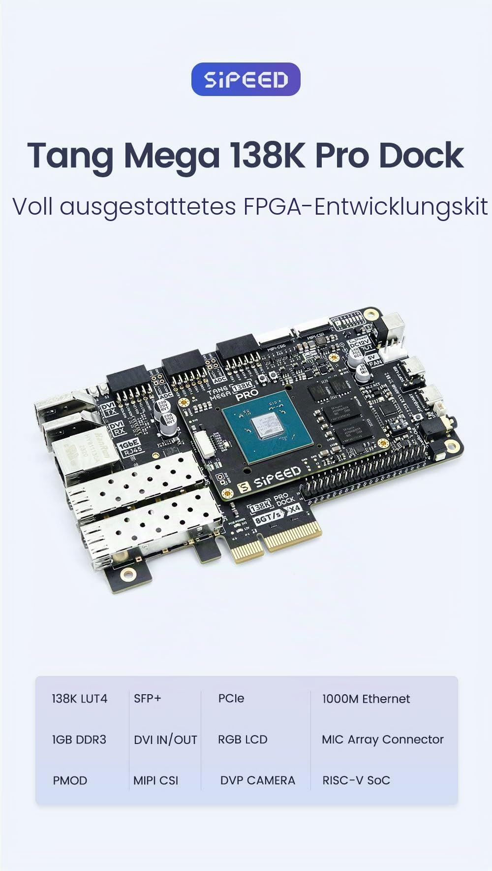 Sipeed Tang Mega 138K Pro Dock GW5AST RISC-V FPGA Development Board Kit, 1GB DDR3 Single Board Computer, onboard PCIe3.0 SFP SFP+ GbE PMOD Port for AI Development Education FPGA Programming