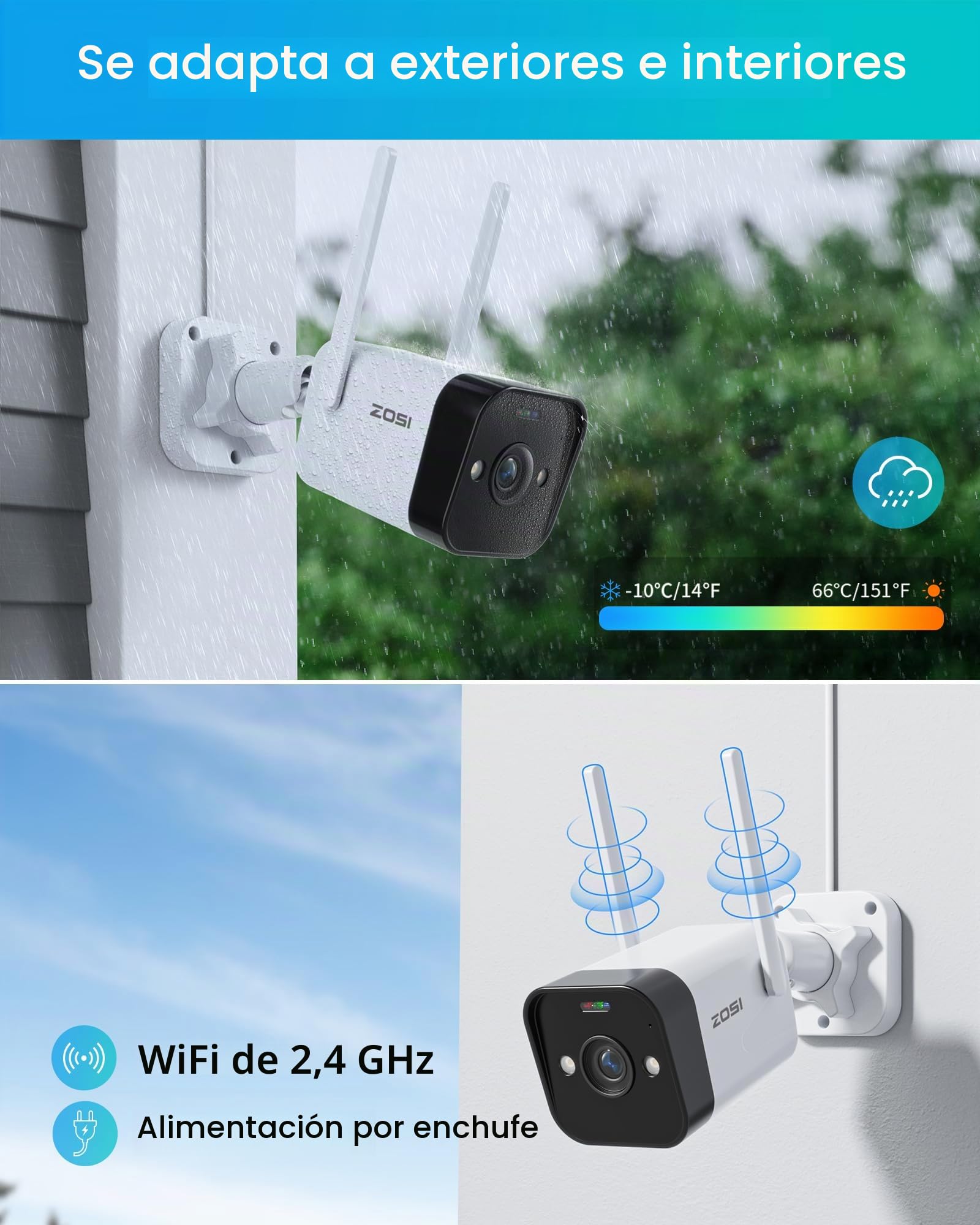 ZOSI C188 2,5K 4MP Cámara Vigilancia WiFi IP Exterior con Enchufe, Detección de Persona/Vehículo, Alarma de Sirena y Focos, Visión Nocturna en Color, Grabación en Tarjeta/Nube