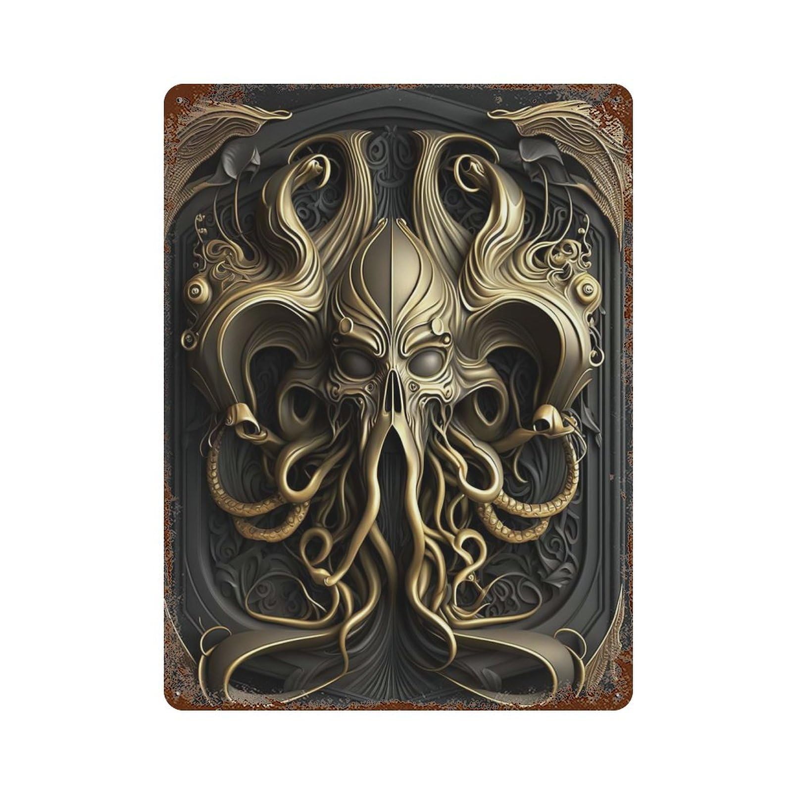 Vintage Metal Tin Sign with Golden Cthulhu Monarch Design 15.7"x11.8", for Living Room, Hallway And Home Decor, Retro Wall Decor