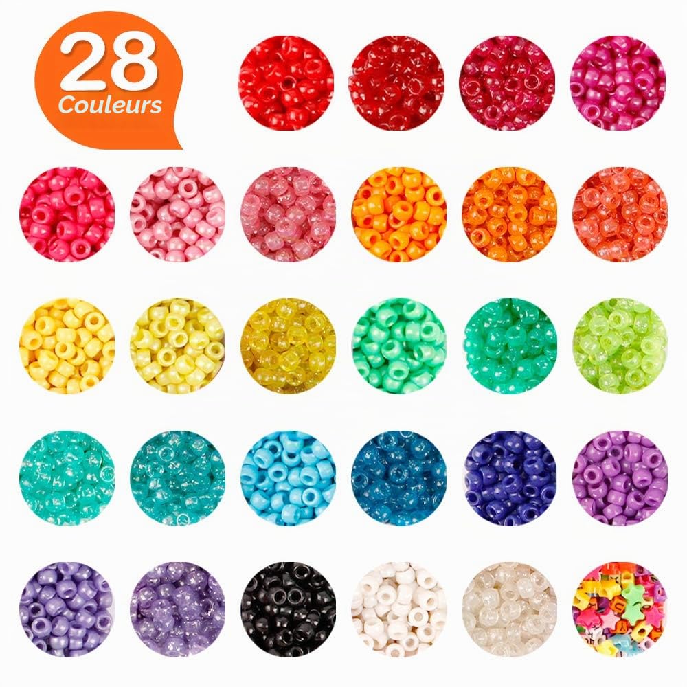 INSCRAFT Perles pour Bracelet, 4600 Pièces Kit Perles de Rocaille de 9mm en 27 Couleurs avec Motifs Lettres et Étoiles, Fil Élastique pour Fabrication de Bracelets et Bijoux, Kit Bracelet Enfant