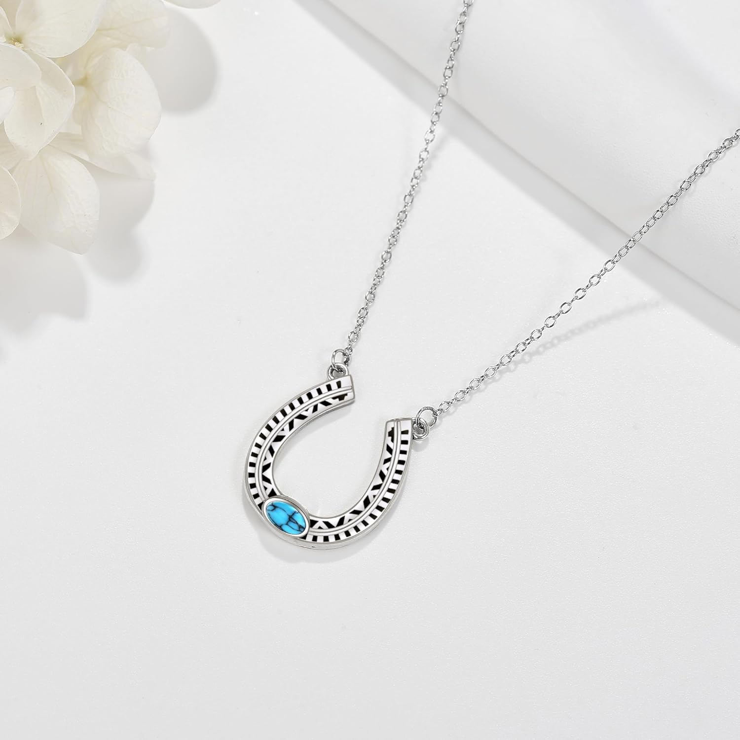 YAFEINI Turquoise Horseshoe Necklace 925 Sterling Silver Western Horseshoe Pendant Necklace Horse Jewelry Gifts for Women Horse Lovers - Image 3