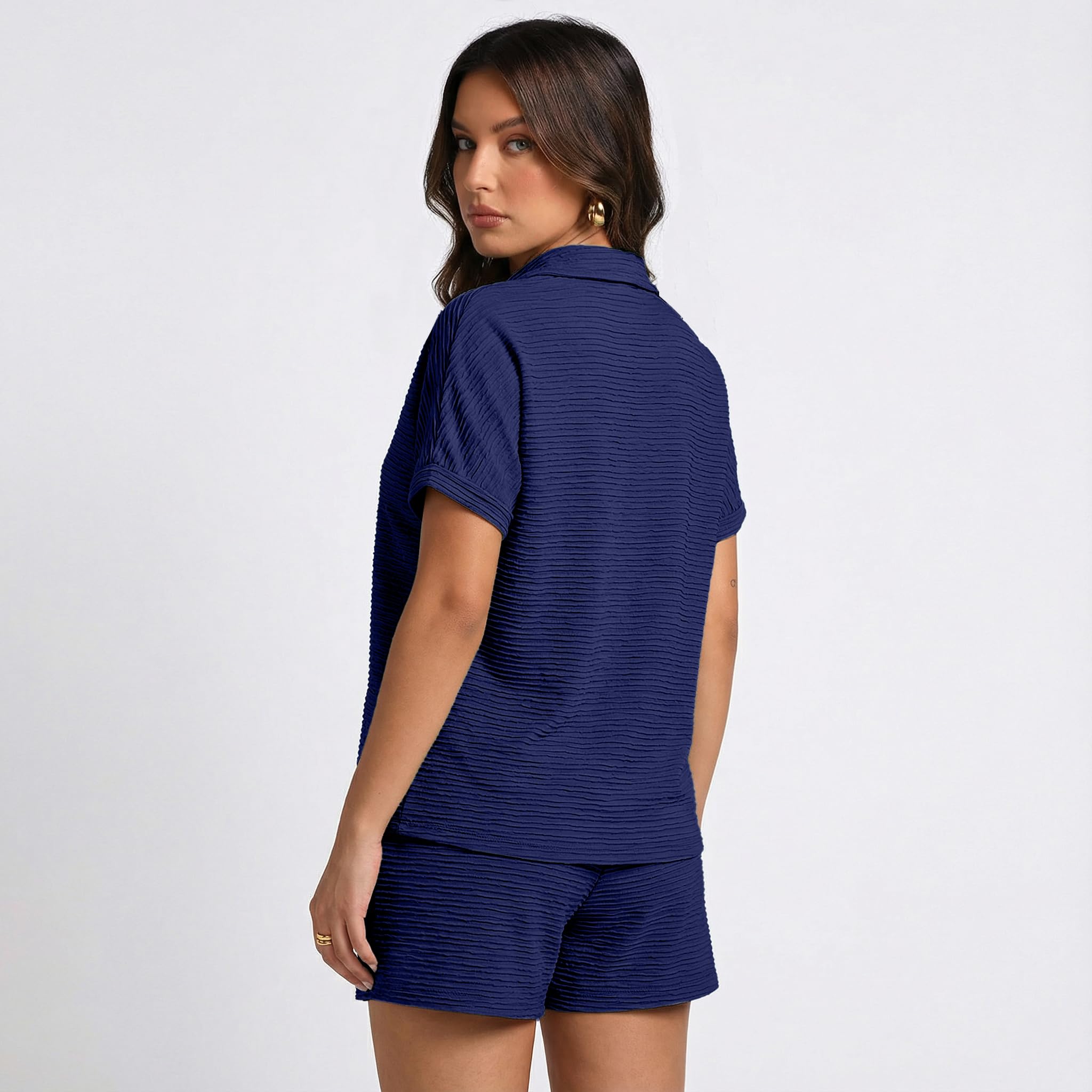 Conjunto de 2 piezas para mujer, de manga corta, con cuello en V, tops y pantalones cortos con cordón