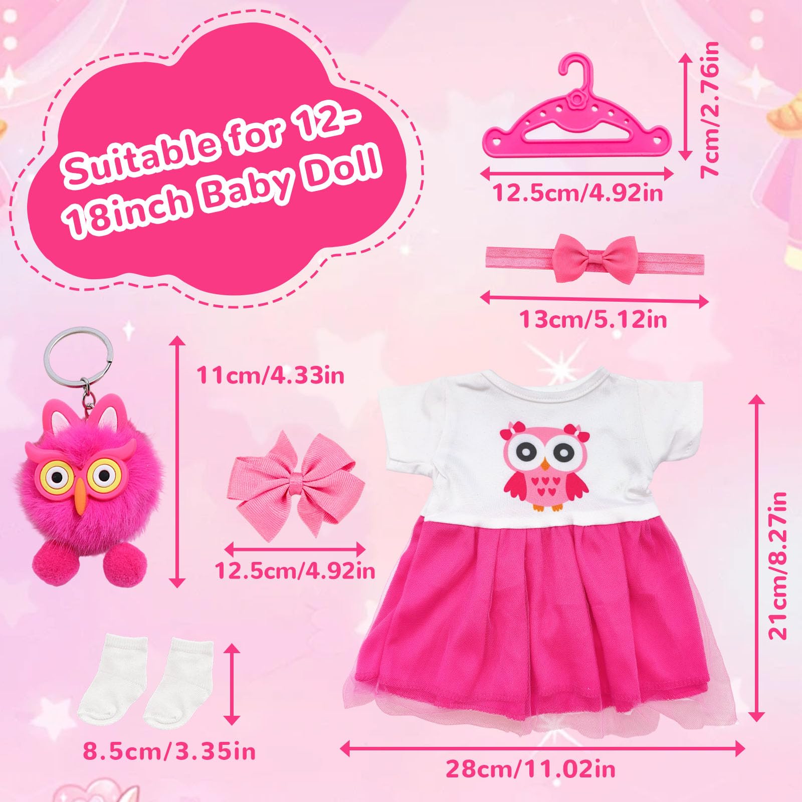 6 sztuk ubrań dla lalek 35-43 cm, elementy zwierzęce, 2 ozdoby do włosów z kokardką, 1 spódnica, 1 zawieszka w kształcie sowy, 1 para skarpet, 1 wieszak na ubrania, zestaw ubrań dla lalek dla