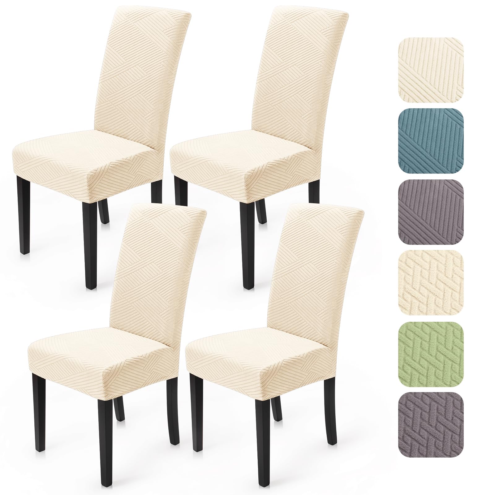 Stuhlhussen 4er Set Stretch Stuhlhussen Moderne Twill Jacquard Stuhlbezug Esszimmerstühle Stuhlbezug Abnehmbar Waschbar Chair Covers für Esszimmer Küche Hotel (Cremeweiß, 4er Set)-XW