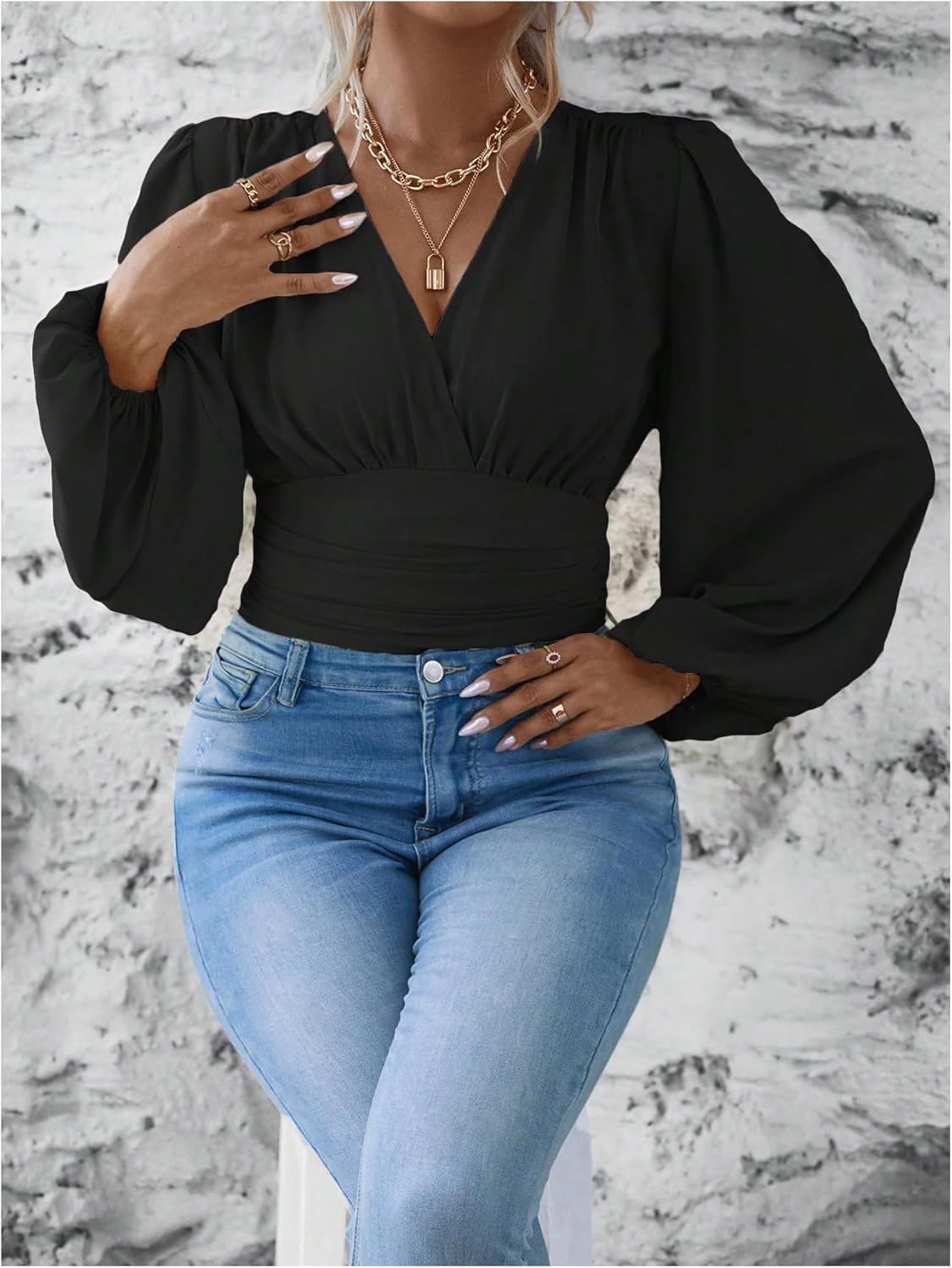 MakeMeChic Women's Plus Size Wrap V Neck Tops Long Sleeve Ruched Crop Top Business Casual Blouse - Image 5