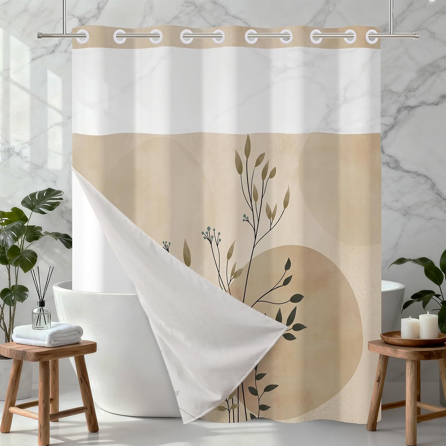 No Hook Boho Shower Curtain and Liner Set 71 x 74 Inch