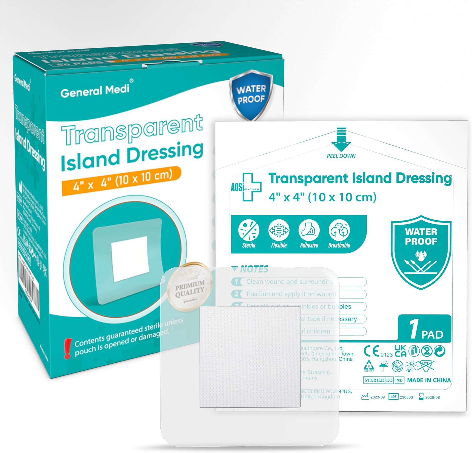 Waterproof Transparent Adhesive Island Dressing (50 Count, 4" x 4"), Wound Care Pad with Adhesive Border - Sterile, Soft & Highly Absorbent Medical Grade Dressing Pad