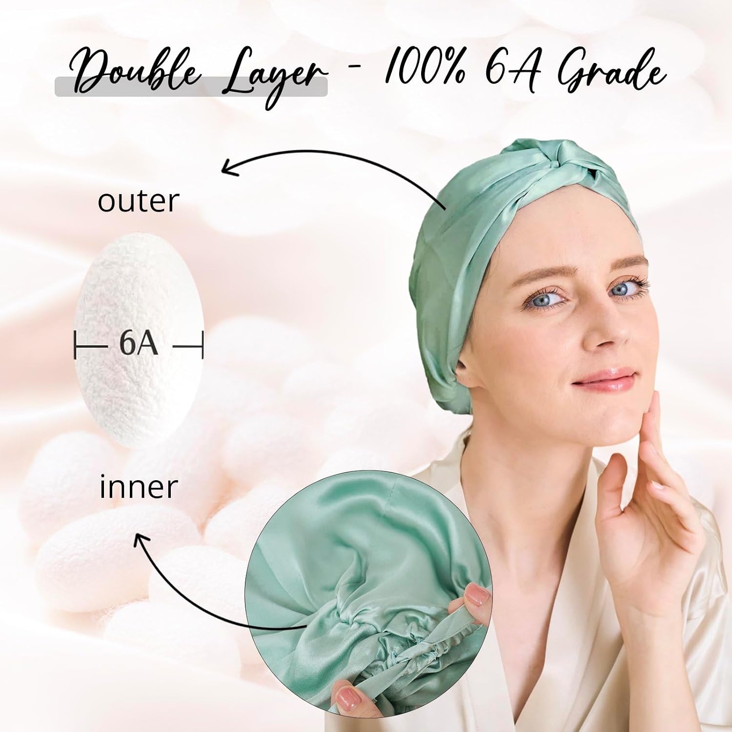 WIGI 100% Mulberry Silk Bonnet with Scrunchie Gift for Women, Silk Bonnet for Sleeping, Shower Cap Hair Bonnet, Silk Hair Wrap for Hair Care (100% Mulberry Silk (Bow design), Mint Green)